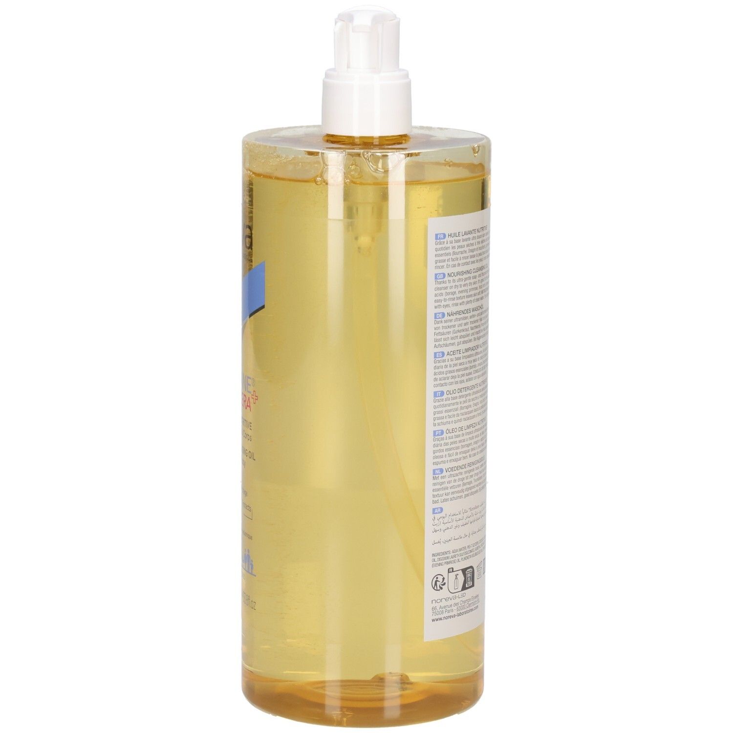 Vue latérale Noreva Xerodiane Cera+ HLE huile lavante nutritive avec distributeur.