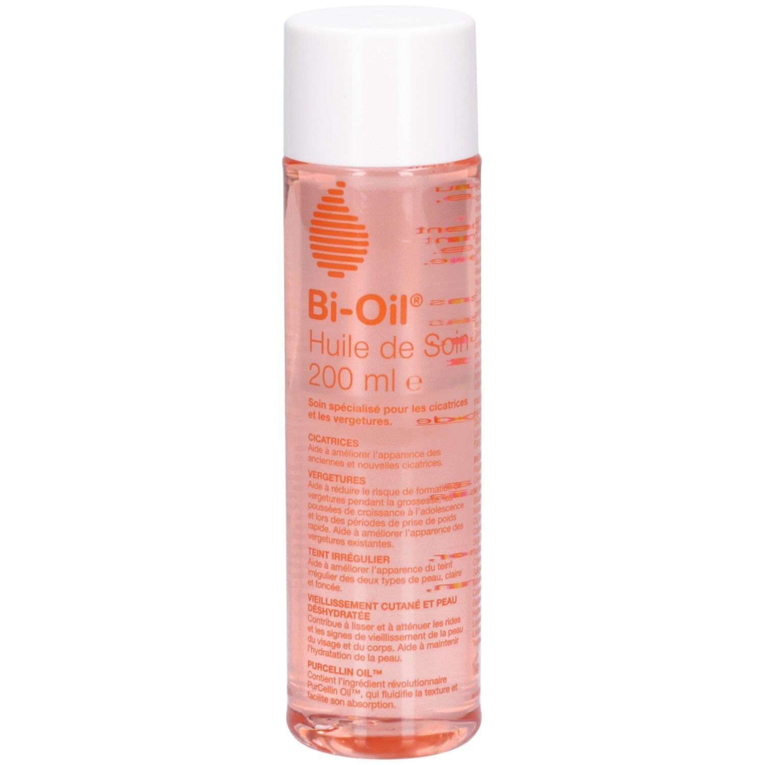 Flacon cylindrique, bouchon blanc. Inscription: Bi-Oil Huile de Soin 200 ml. Liquide rose visible.