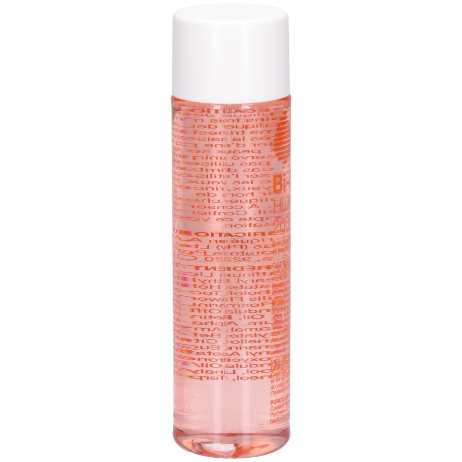 Flacon cylindrique, bouchon blanc. Liquide rose. Texte en rouge sur le flacon.