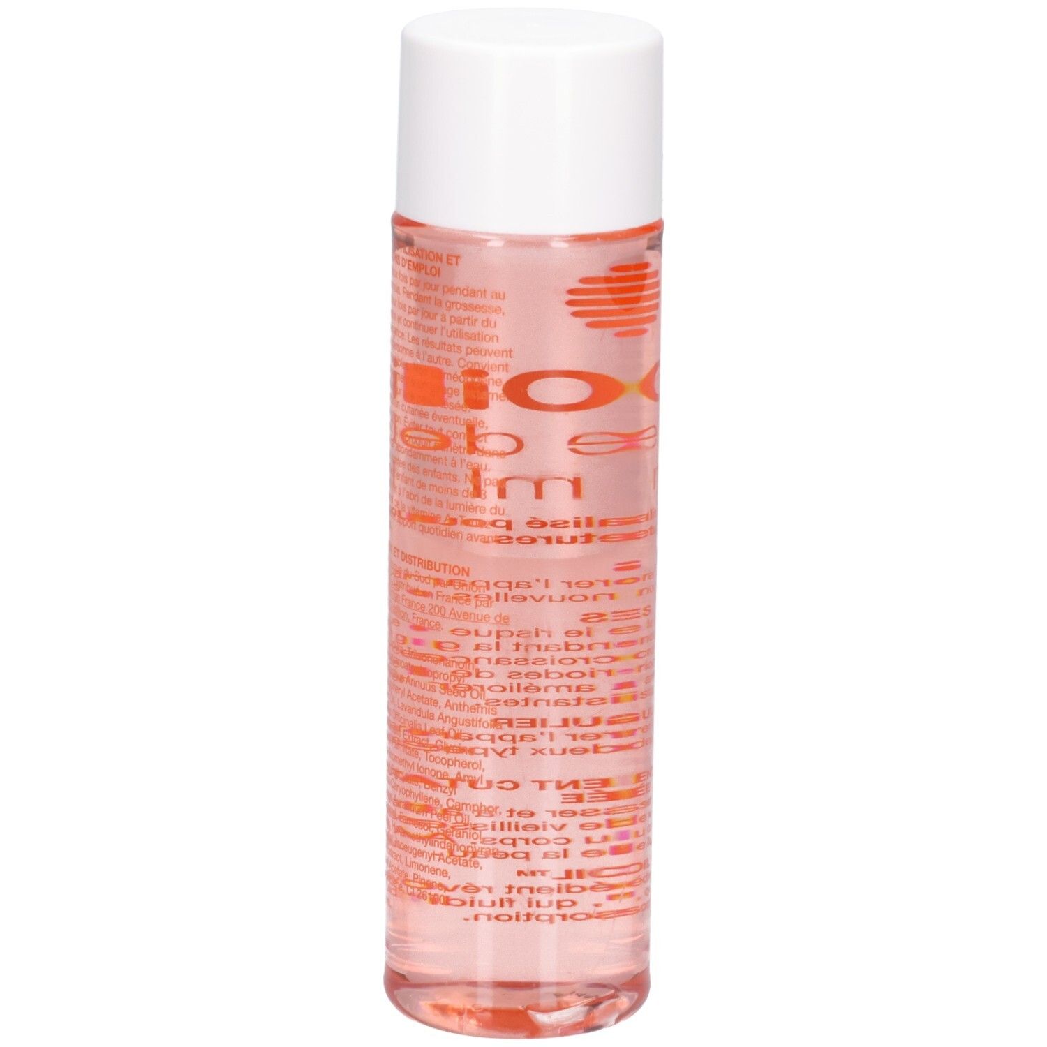 Flacon cylindrique, bouchon blanc. Liquide rose. Texte en rouge sur le flacon.