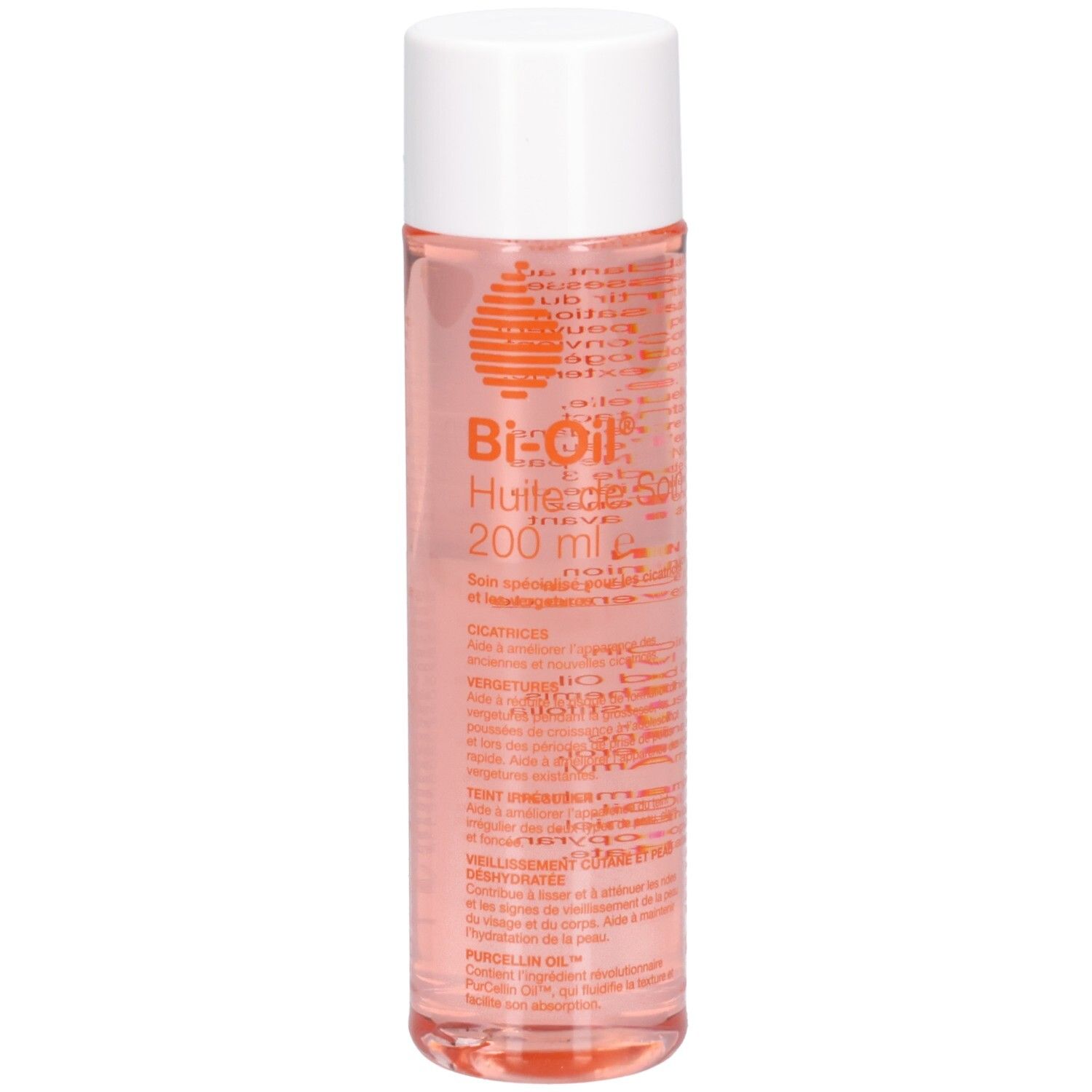 Flacon cylindrique, bouchon blanc. Inscription: Bi-Oil Huile de Soin 200 ml. Liquide rose visible.