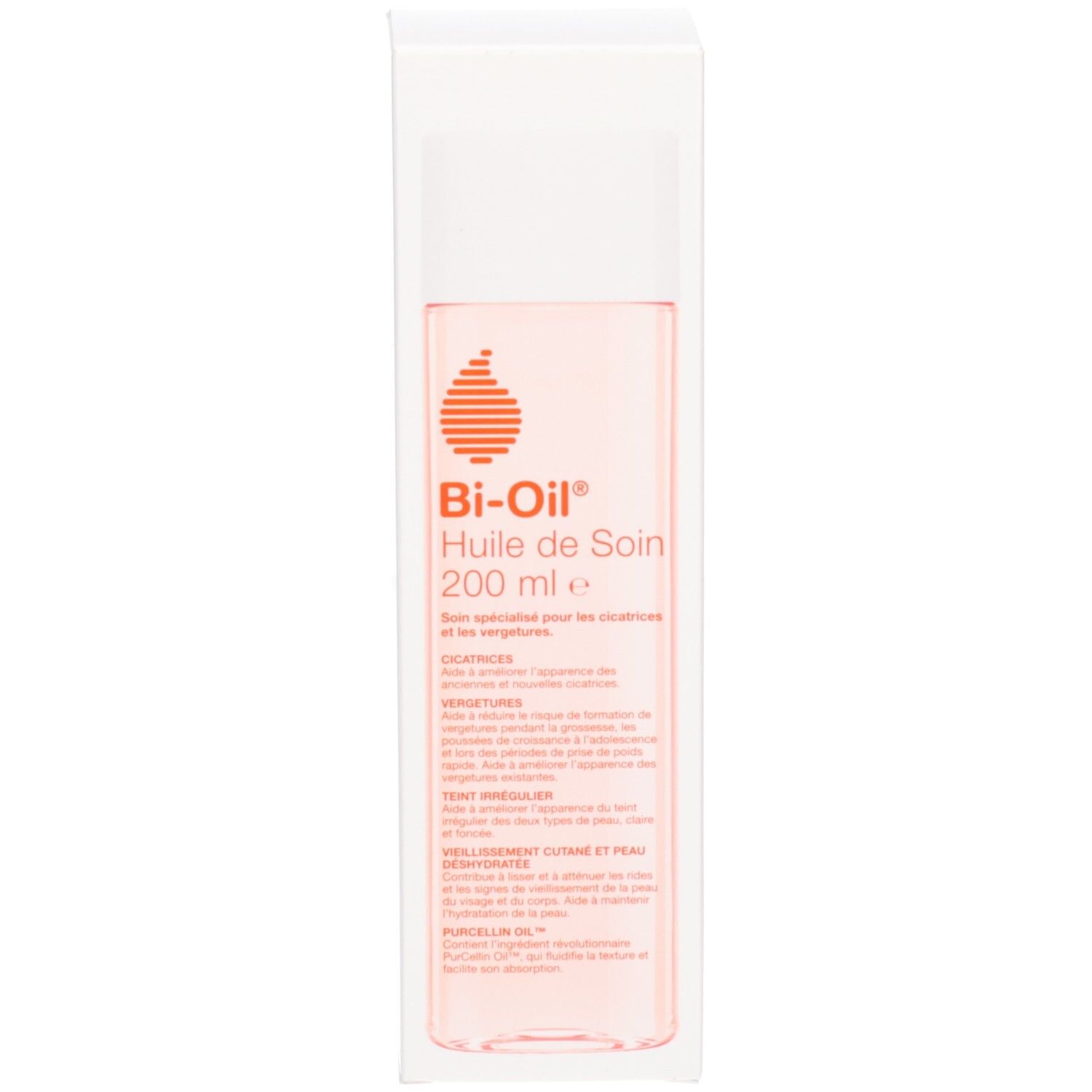 Flacon cylindrique, bouchon blanc. Inscription: Bi-Oil Huile de Soin. Liquide rose visible.