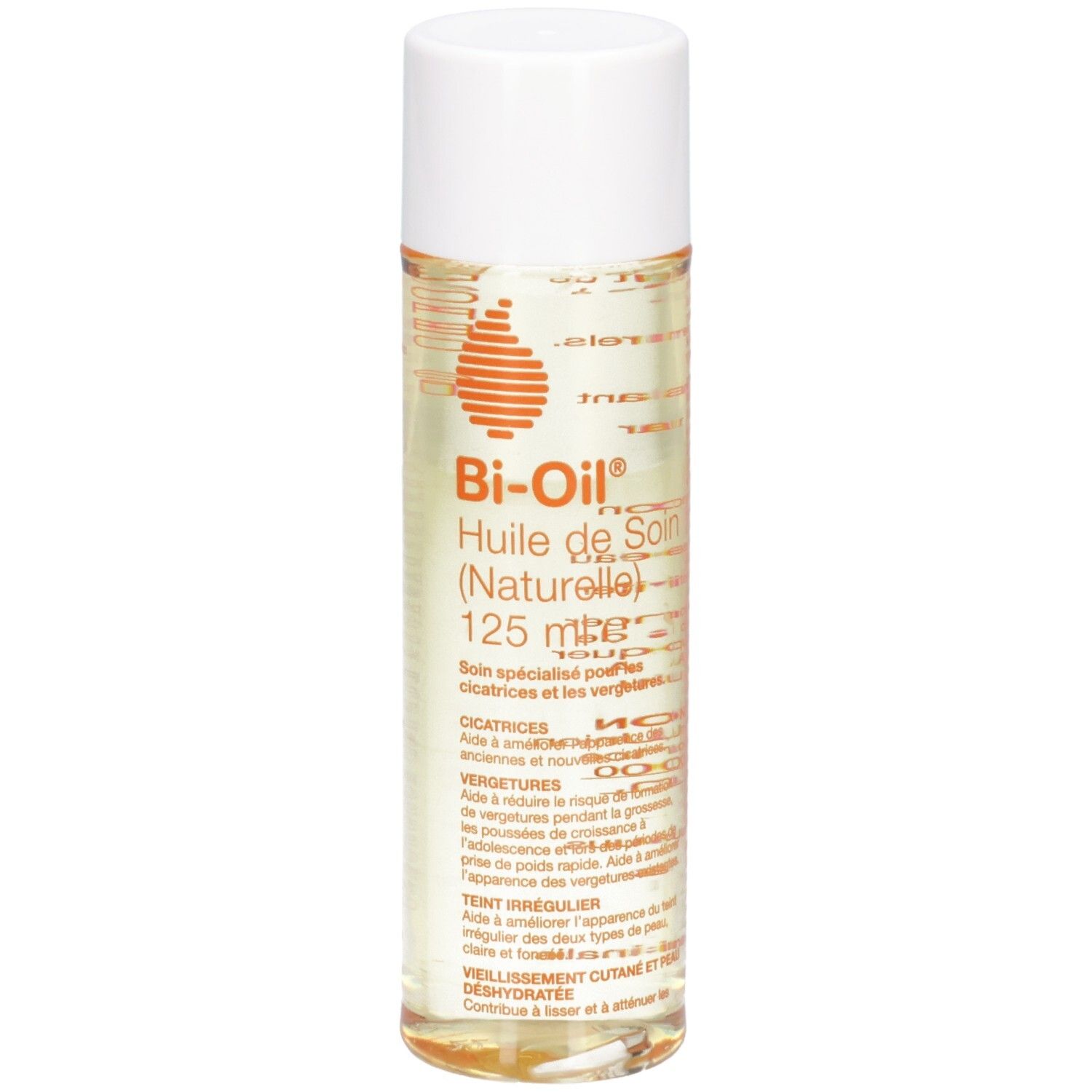 Flacon cylindrique avec bouchon blanc. Inscription: Bi-Oil, Huile de Soin (Naturelle), 125 ml. Liquide clair visible.