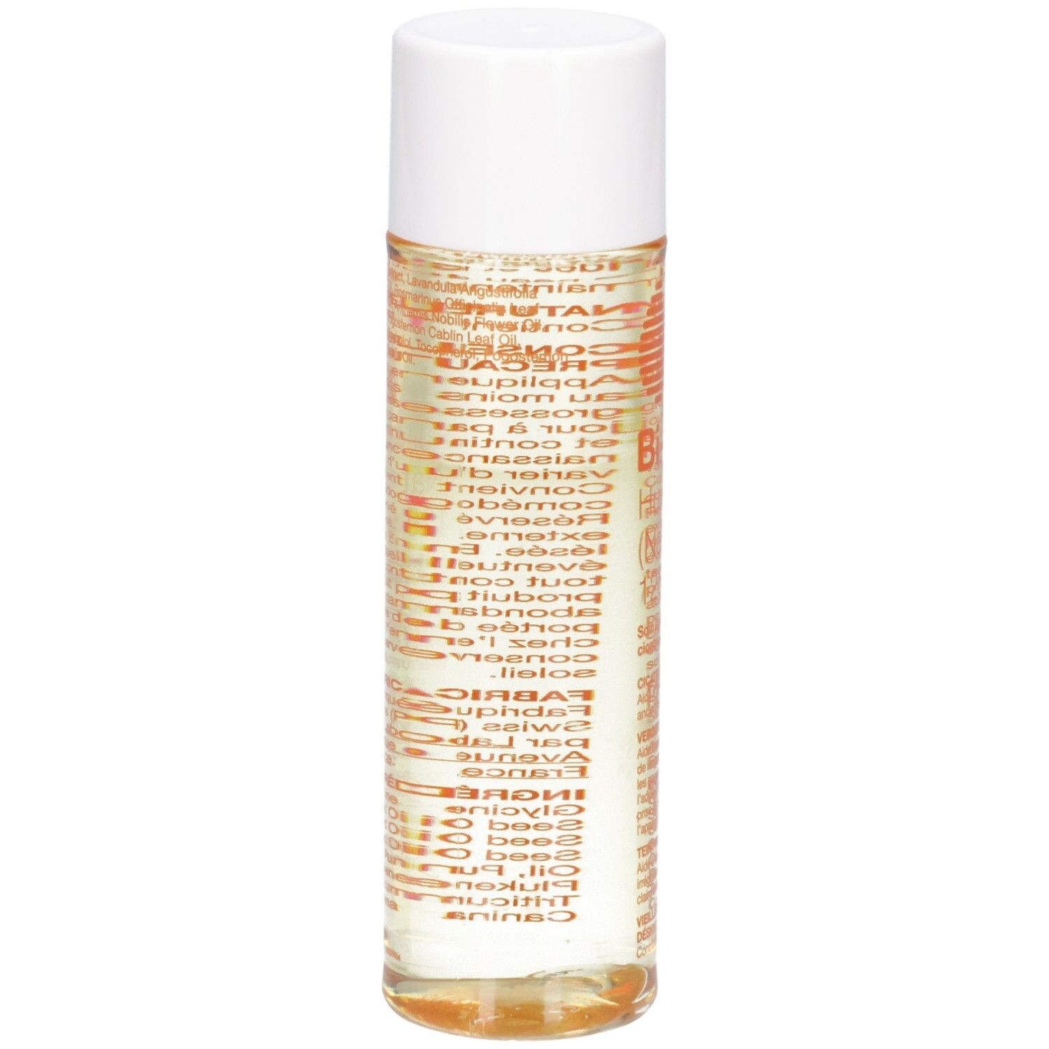Flacon cylindrique avec bouchon blanc. Texte orange sur fond transparent. Nom du produit et informations.