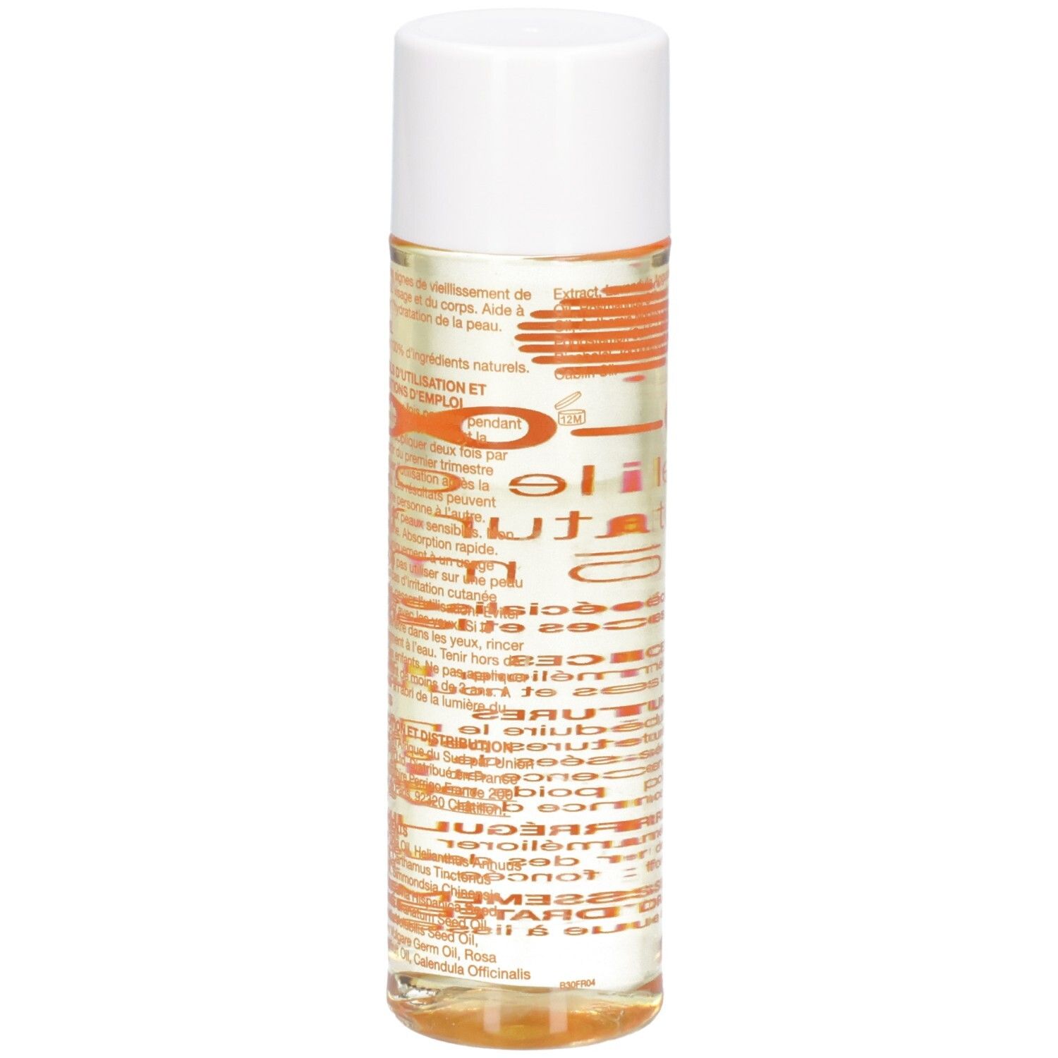 Flacon cylindrique avec bouchon blanc. Texte orange sur fond transparent. Informations sur le produit.