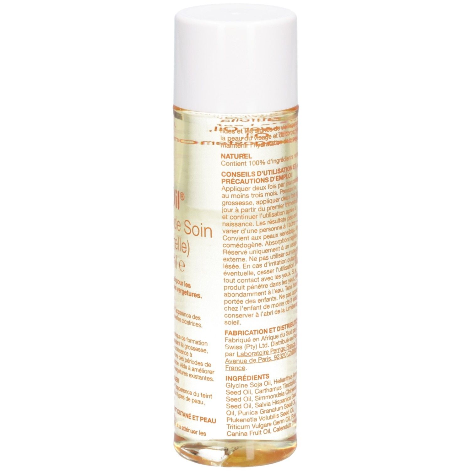 Flacon cylindrique avec bouchon blanc. Texte orange sur fond transparent. Ingrédients et conseils d'utilisation.