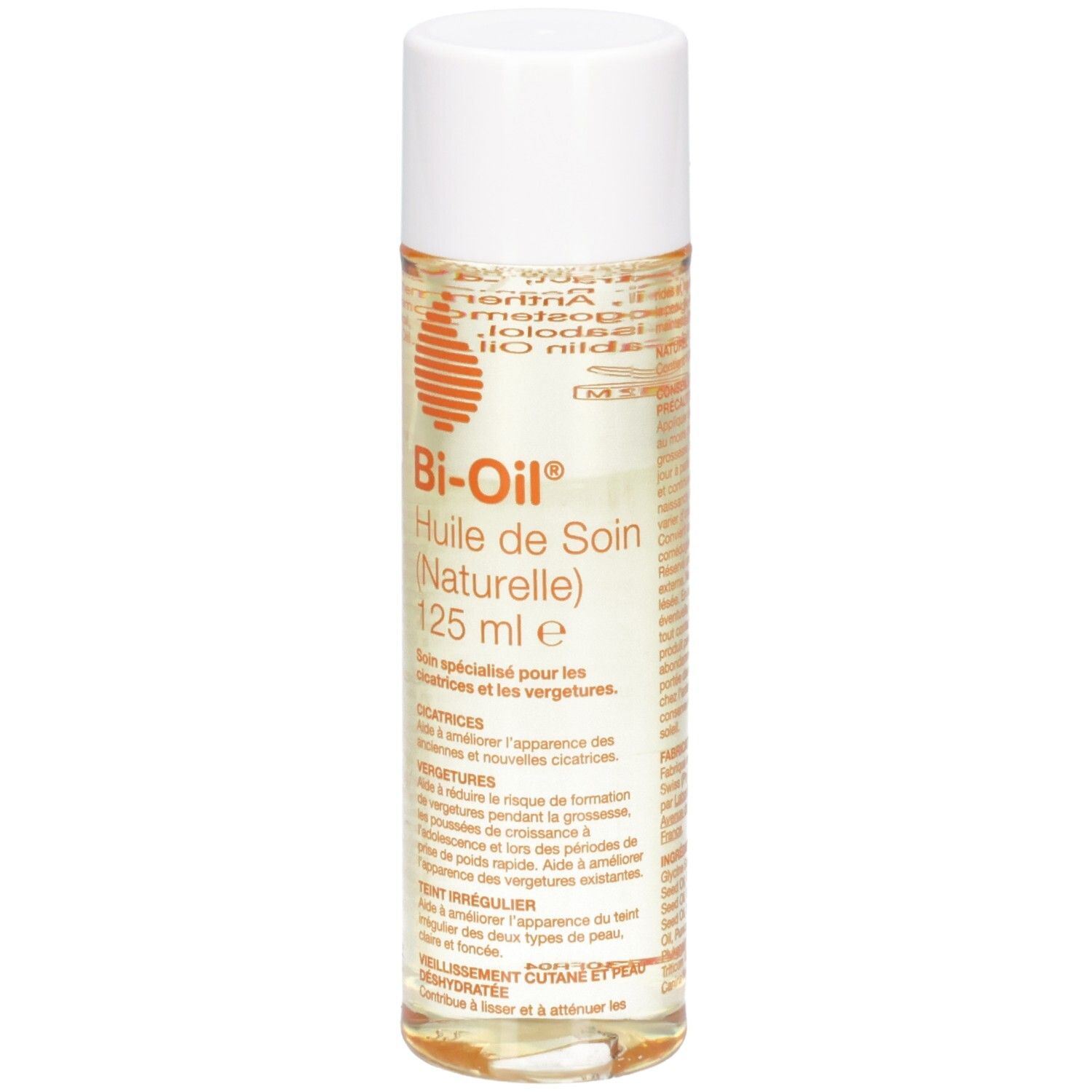 Flacon cylindrique avec bouchon blanc. Inscription: Bi-Oil, Huile de Soin (Naturelle), 125 ml. Informations produit.