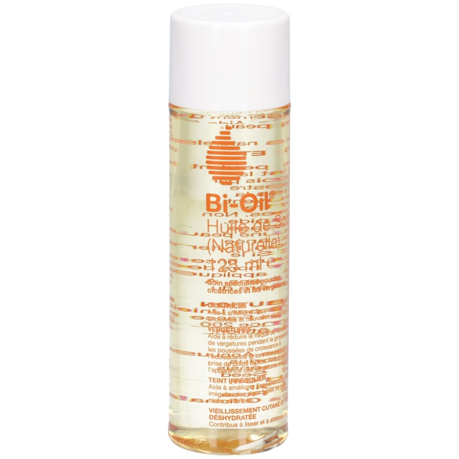 Flacon cylindrique avec bouchon blanc. Inscription: Bi-Oil, Huile de Soin (Naturelle), 125 ml. Informations produit.