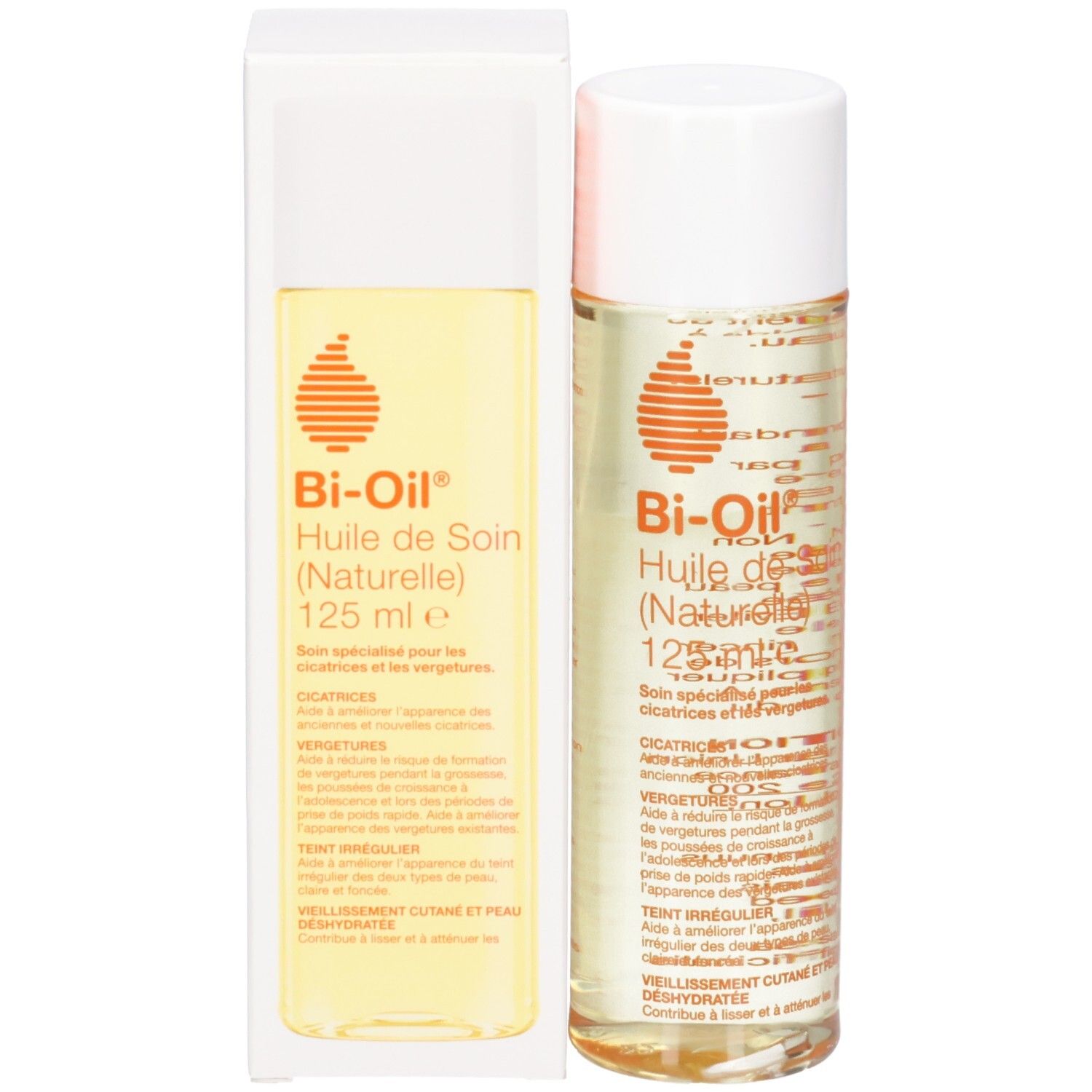 Flacon et emballage du produit. Inscription: Bi-Oil, Huile de Soin (Naturelle), 125 ml. Emballage avec informations.