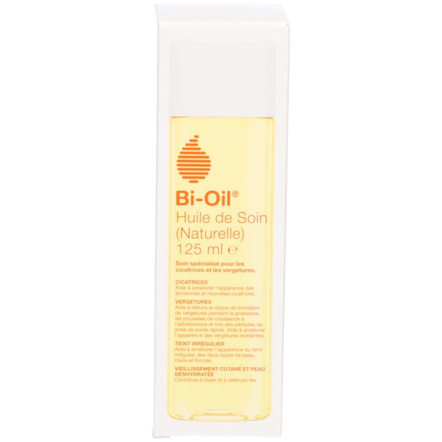 Flacon et emballage du produit. Inscription: Bi-Oil, Huile de Soin (Naturelle), 125 ml. Emballage avec informations.