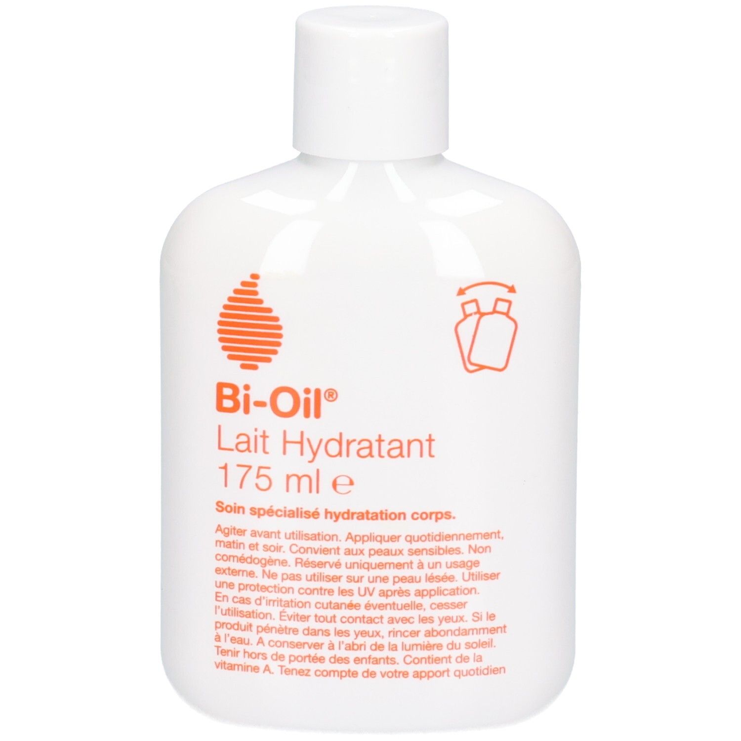 Flacon blanc avec logo et texte orange. Contient une lotion hydratante pour le corps.