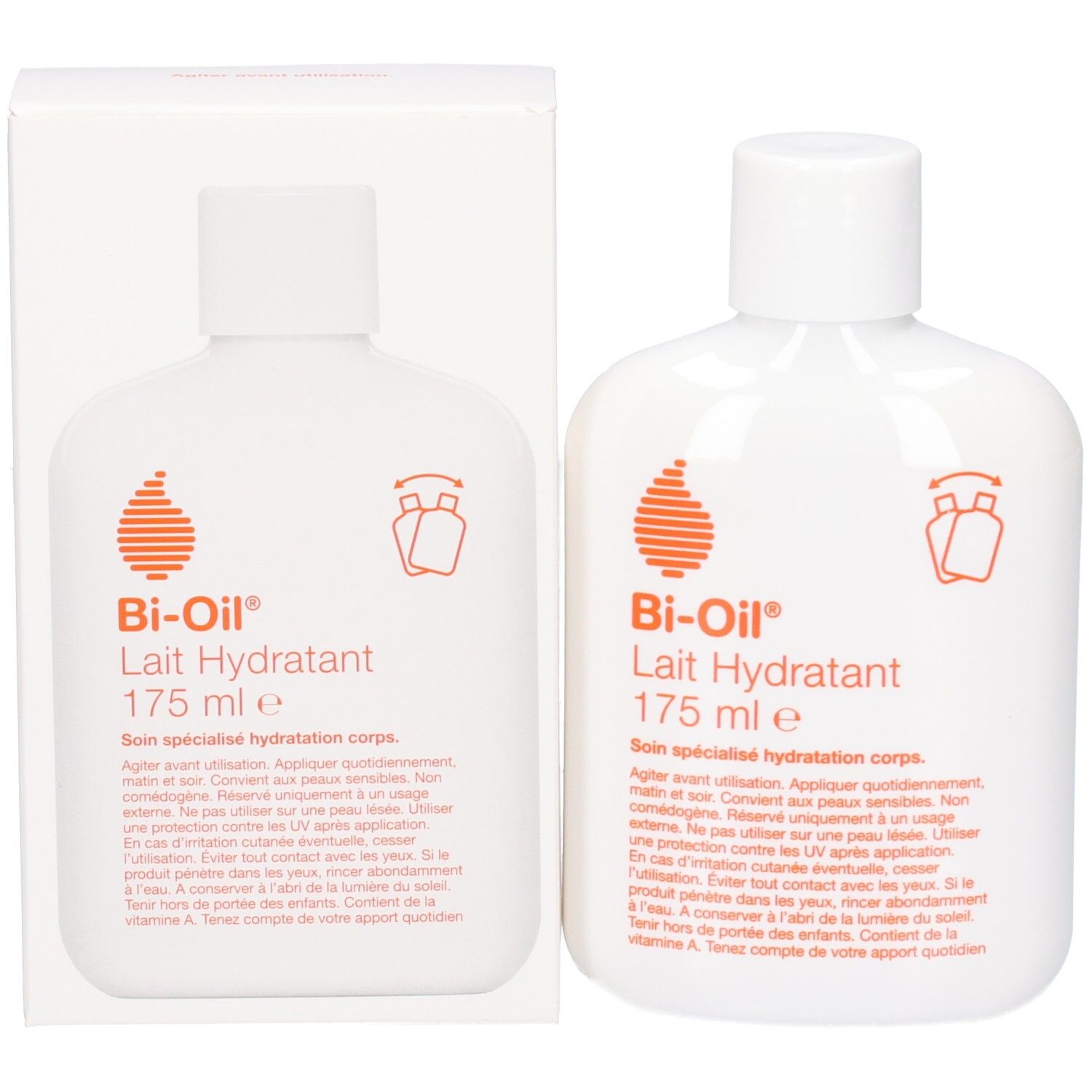 Emballage et flacon de lotion hydratante Bi-Oil, tous deux blancs avec des accents orange.