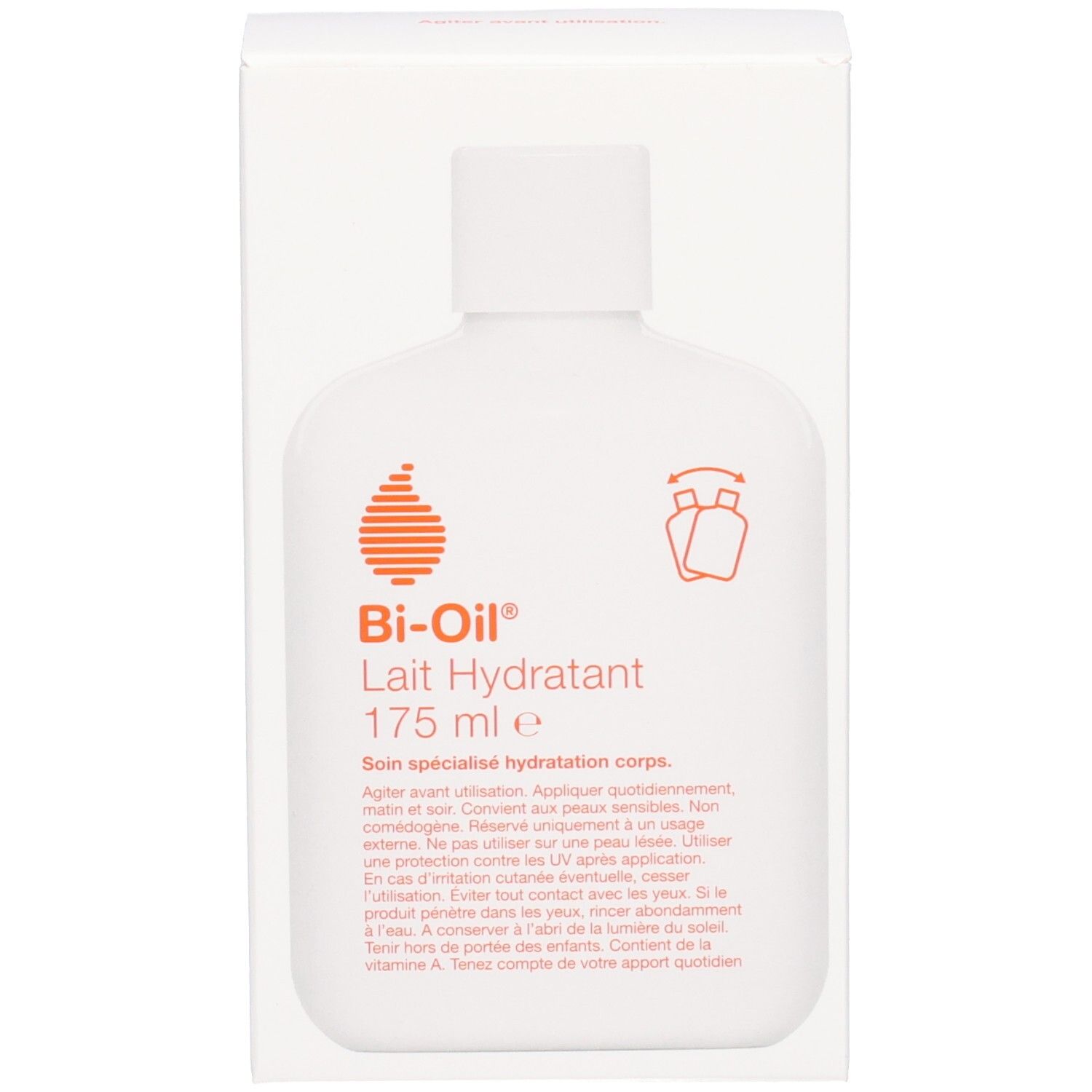 Emballage blanc du produit avec logo et texte orange, montrant un flacon Bi-Oil.