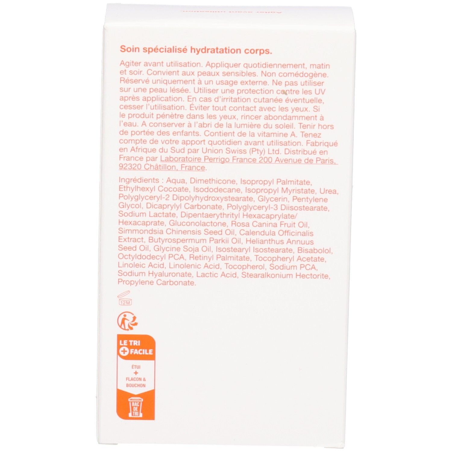 Arrière de l'emballage du produit avec liste des ingrédients et instructions d'utilisation.