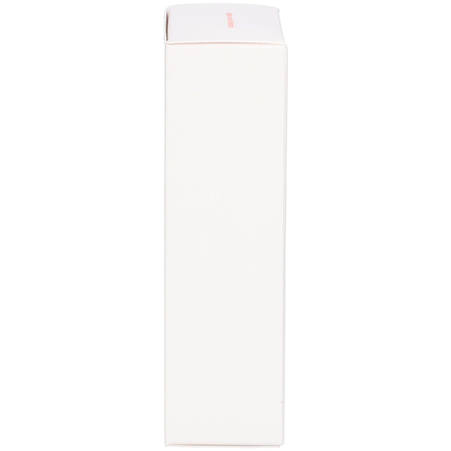 Vue latérale d'un emballage de produit blanc et rectangulaire, avec une petite impression rouge en haut.