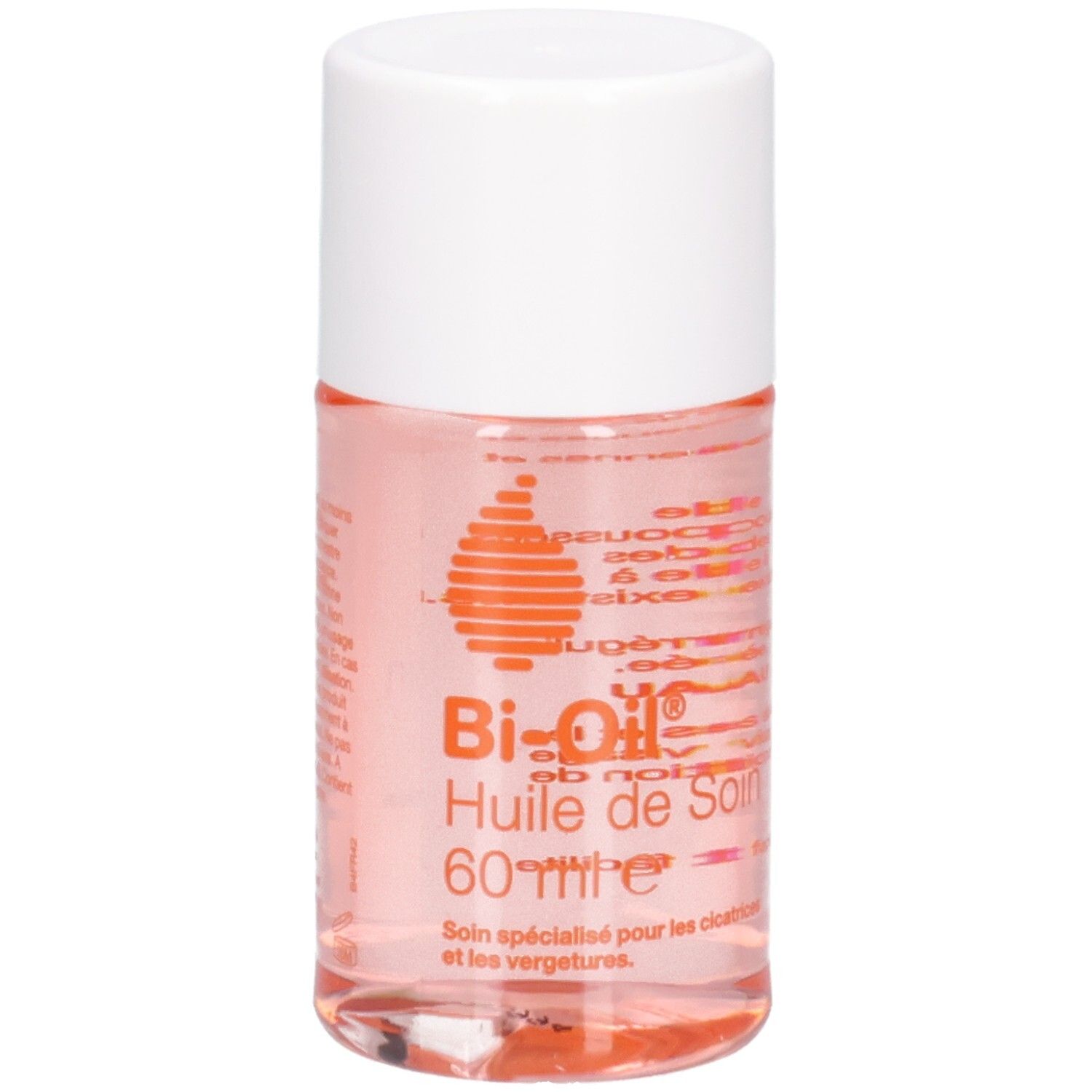 Flacon cylindrique, bouchon blanc. Inscription: Bi-Oil Huile de Soin. Liquide rose visible.