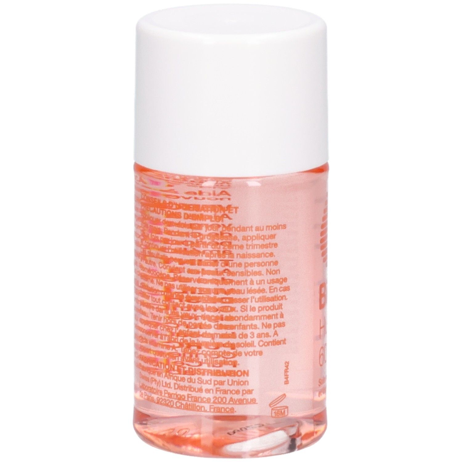 Dos du flacon. Texte orange. Bouchon blanc. Liquide rose visible.