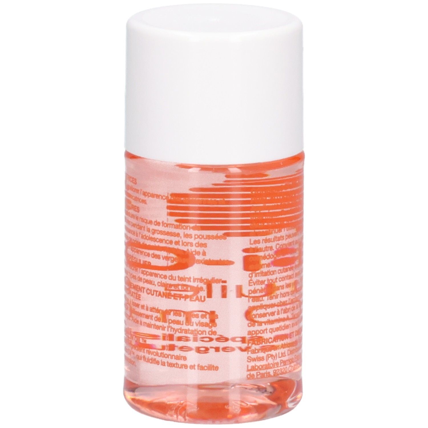 Dos du flacon. Texte orange. Bouchon blanc. Liquide rose visible.