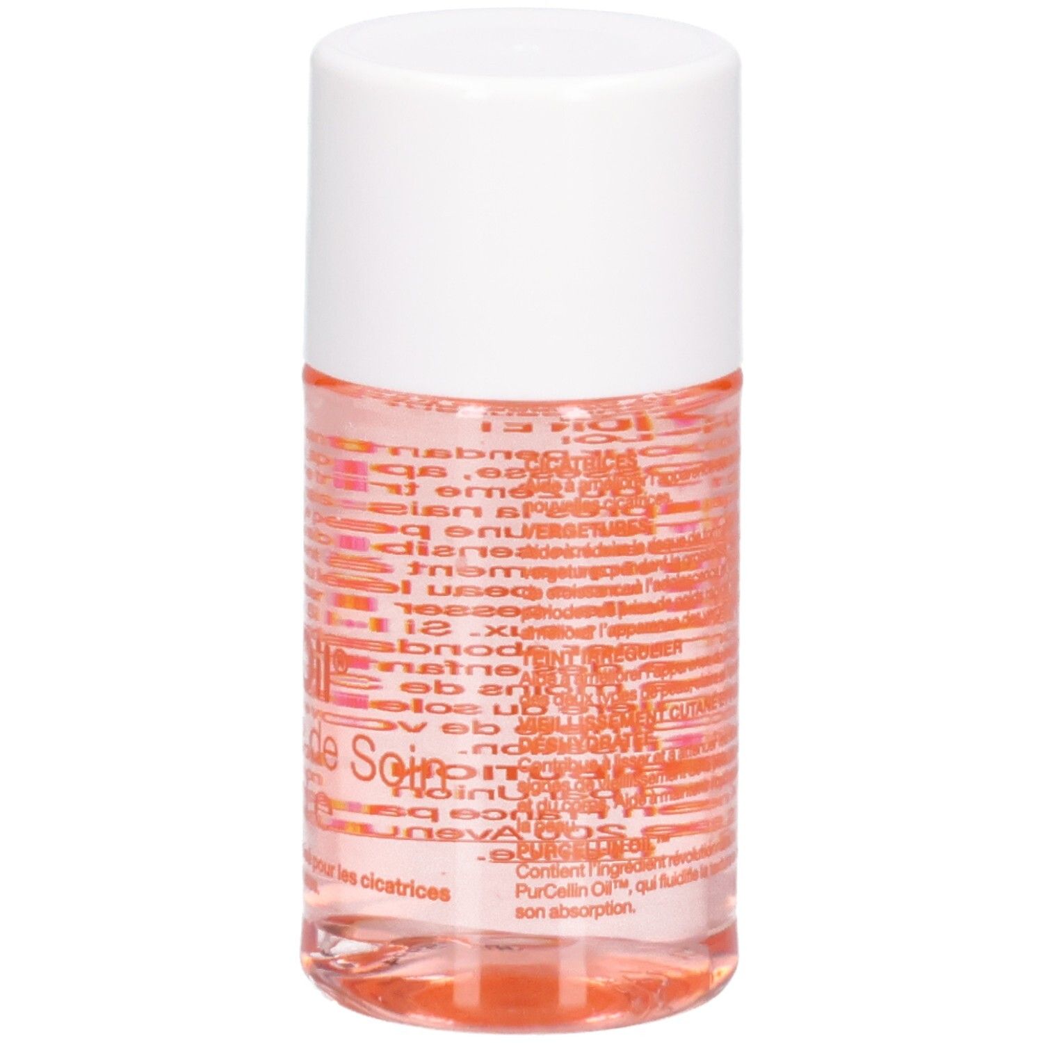 Dos du flacon. Texte orange. Bouchon blanc. Liquide rose visible.