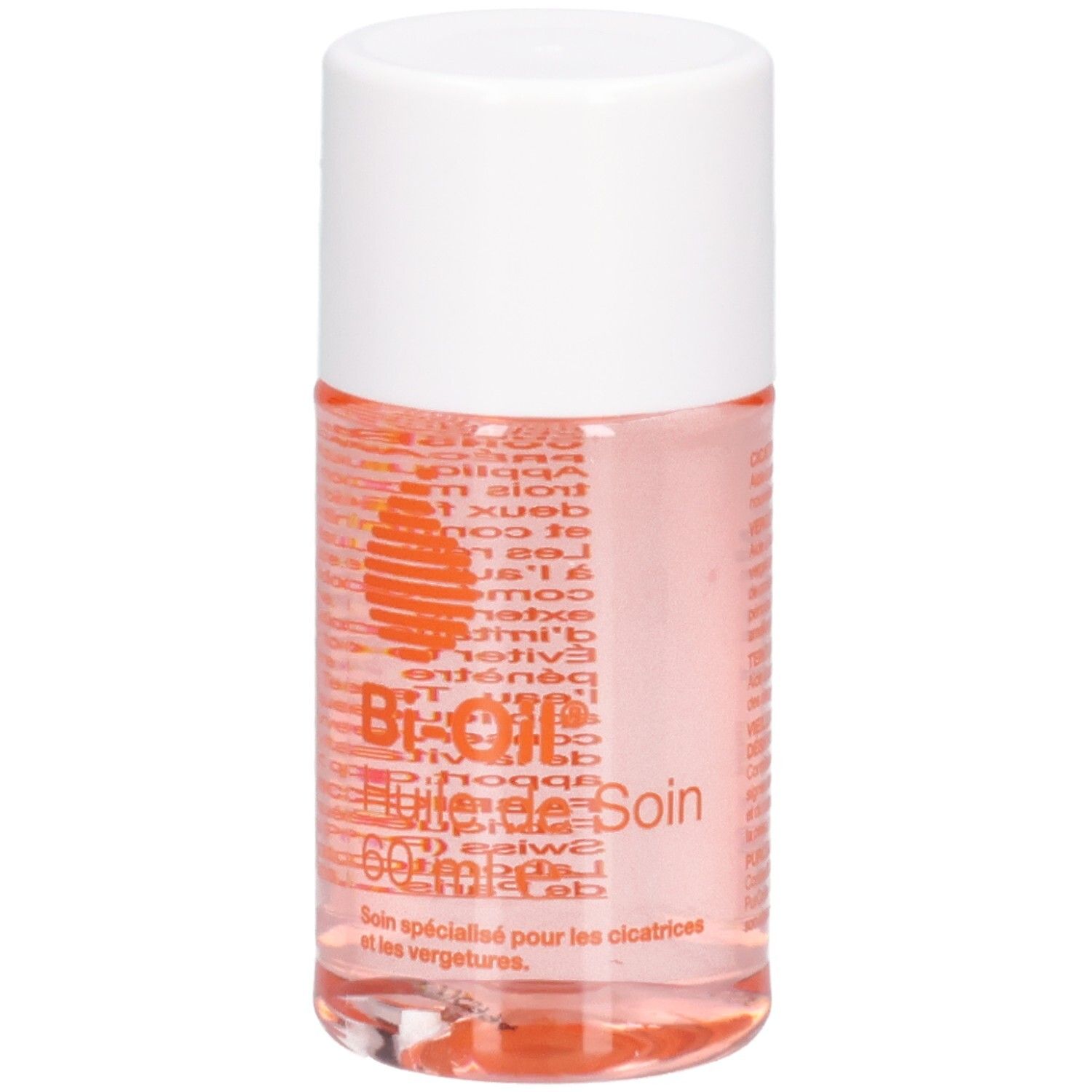 Flacon cylindrique, bouchon blanc. Inscription: Bi-Oil Huile de Soin. Liquide rose visible.