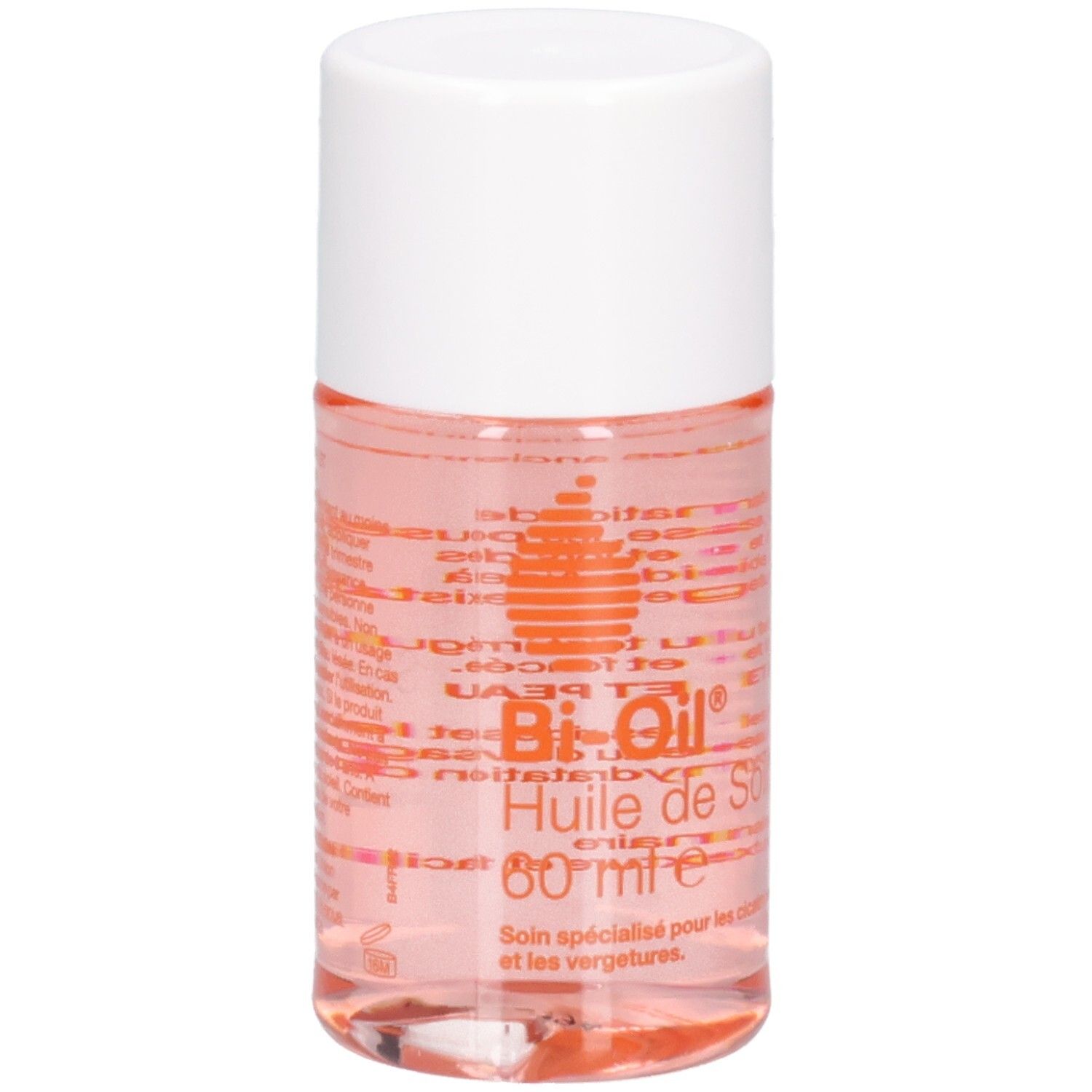 Flacon cylindrique, bouchon blanc. Inscription: Bi-Oil Huile de Soin. Liquide rose visible.