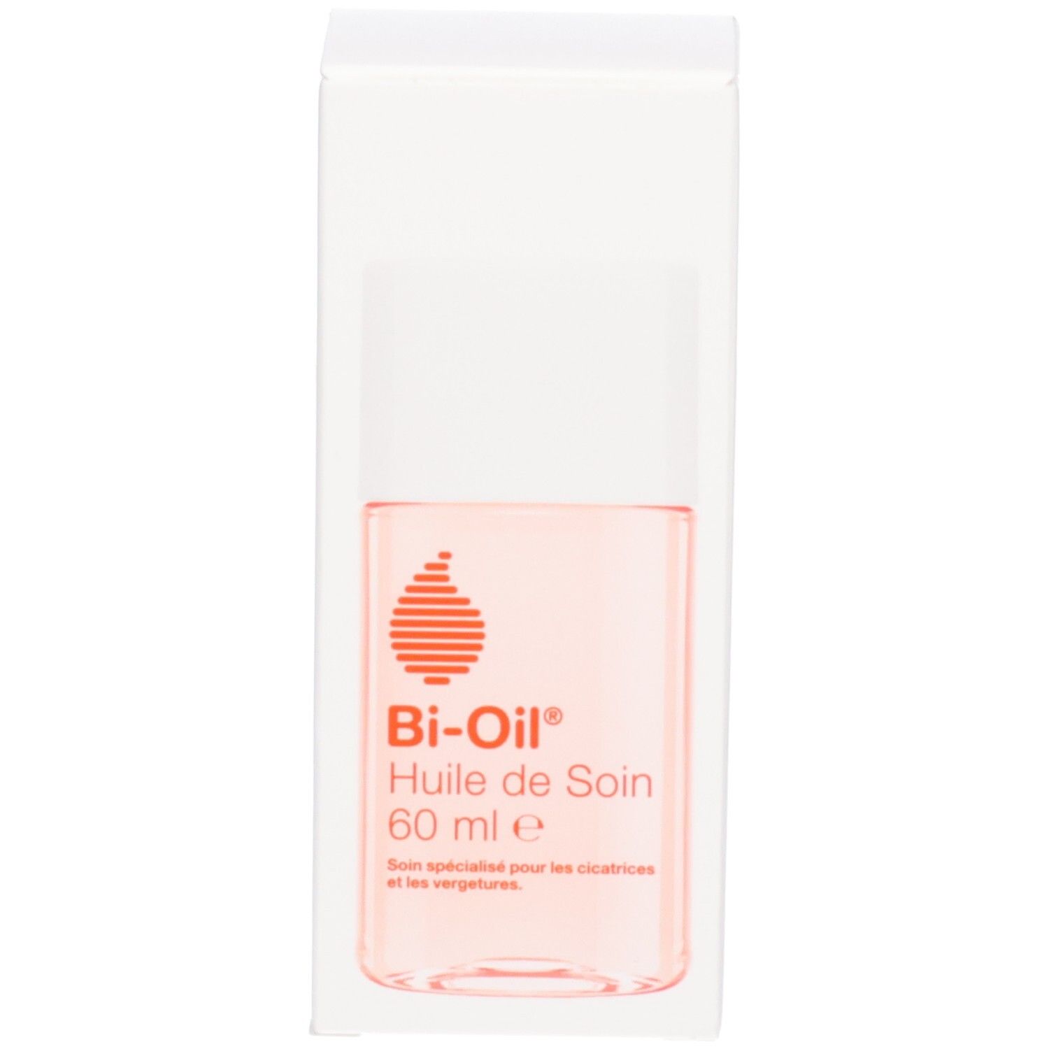 Produit et emballage. Boîte. Inscription: Bi-Oil Huile de Soin. Logo.