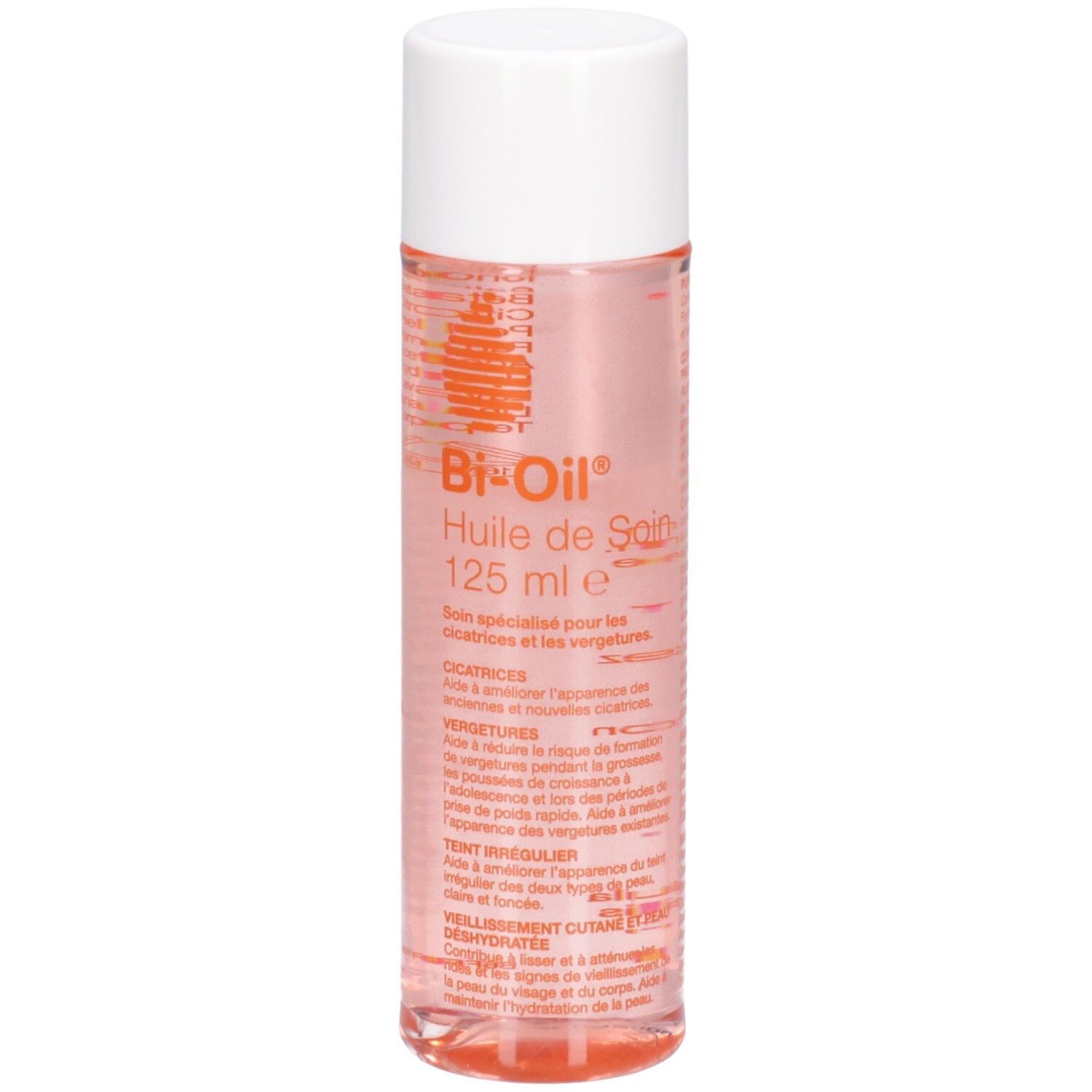 Flacon cylindrique, bouchon blanc. Liquide rose visible. Texte: Bi-Oil Huile de Soin, 125 ml e. Informations spécifiques sur l'étiquette.