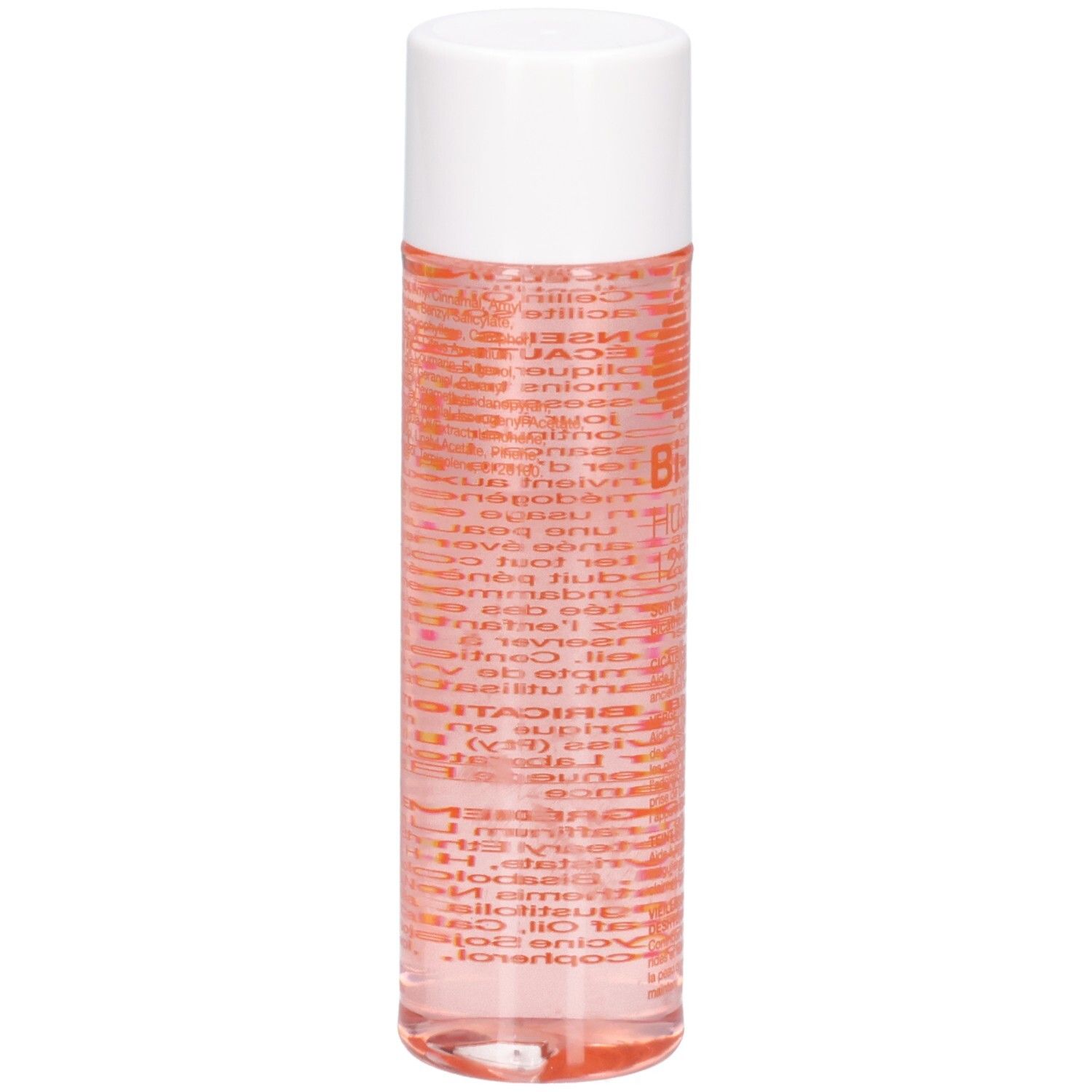 Flacon cylindrique, bouchon blanc. Liquide rose visible. Étiquette avec texte en rouge. Nom du produit et informations.