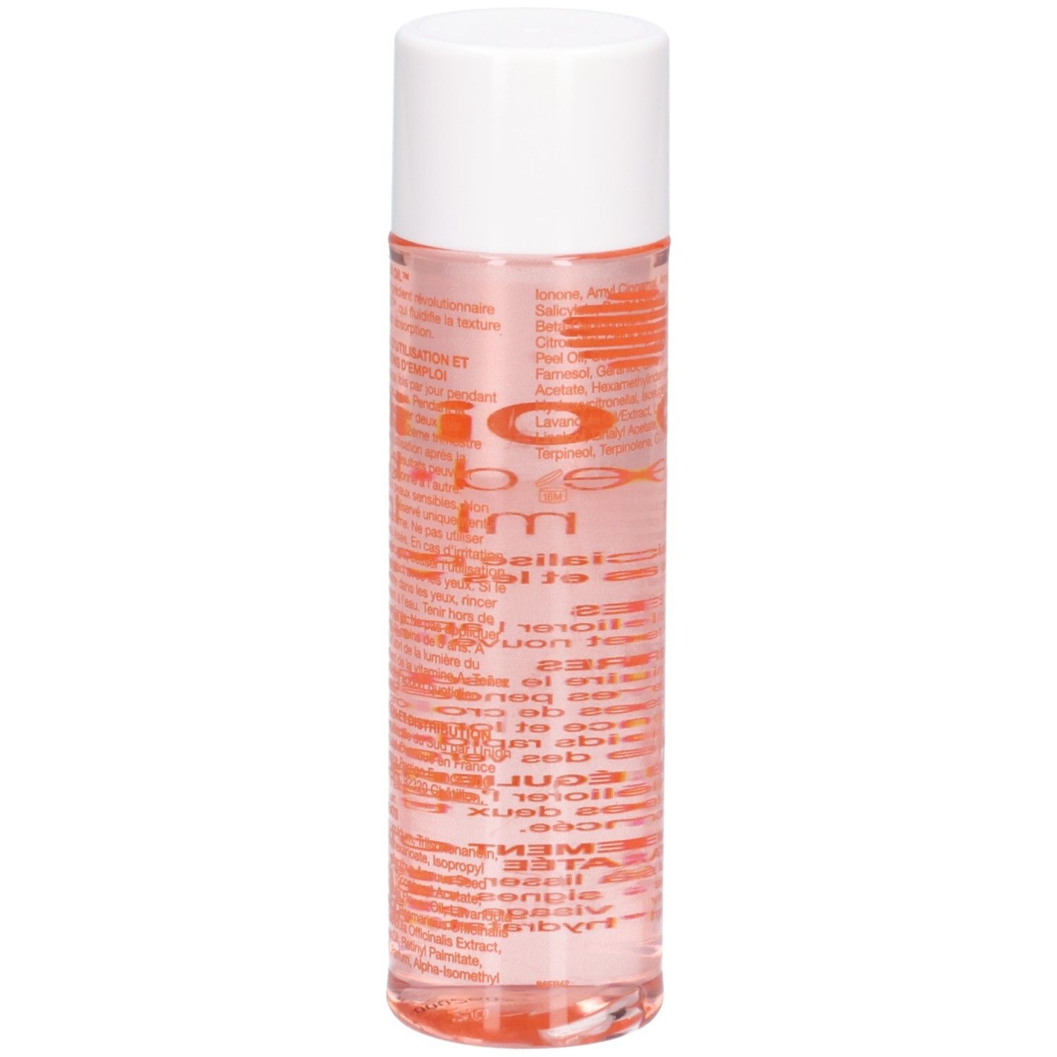 Flacon cylindrique, bouchon blanc. Liquide rose visible. Étiquette avec texte en rouge. Nom du produit et informations.