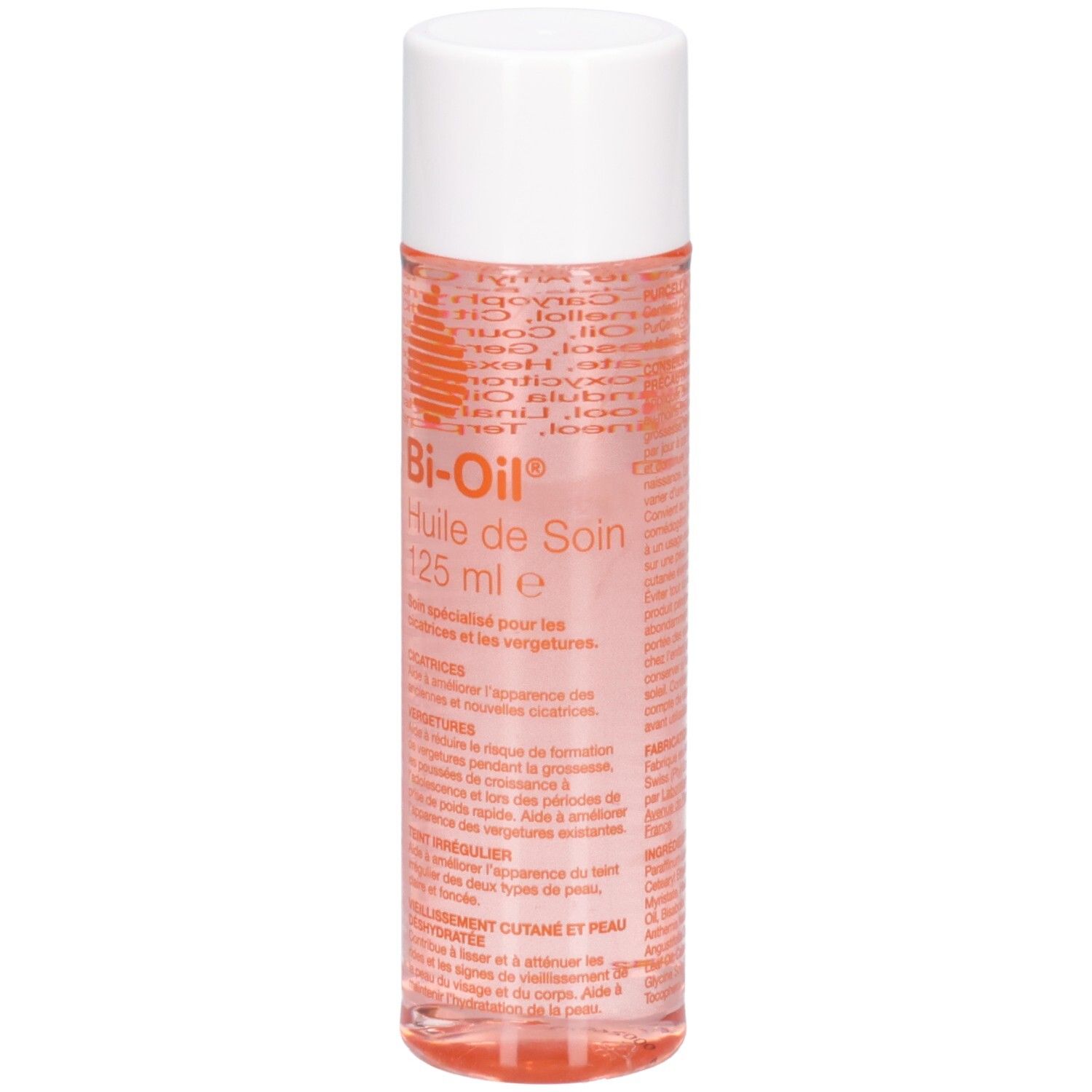 Flacon cylindrique, bouchon blanc. Liquide rose visible. Texte: Bi-Oil Huile de Soin, 125 ml e. Informations spécifiques sur l'étiquette.