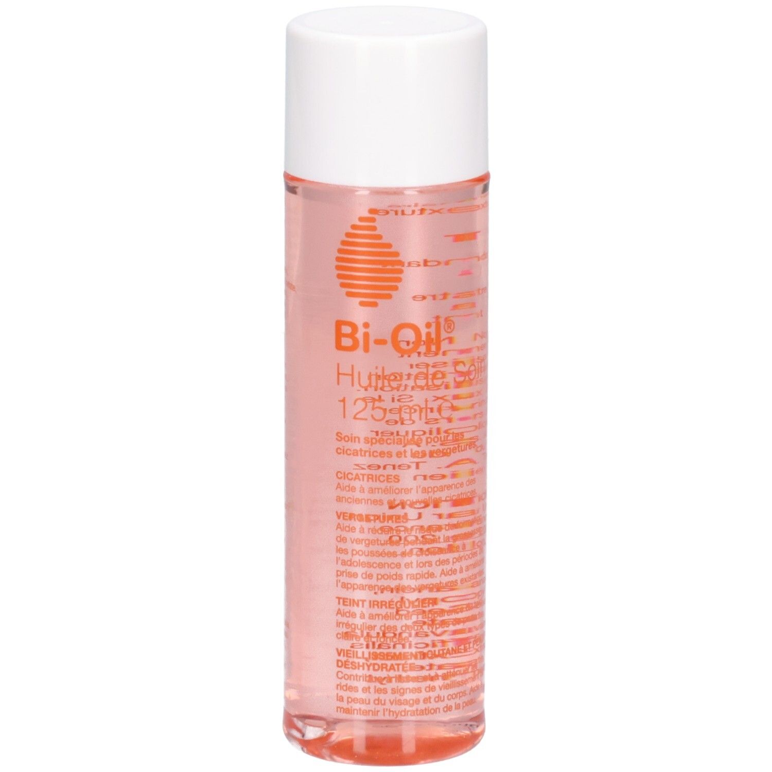 Flacon cylindrique, bouchon blanc. Liquide rose visible. Texte: Bi-Oil Huile de Soin, 125 ml e. Informations spécifiques sur l'étiquette.