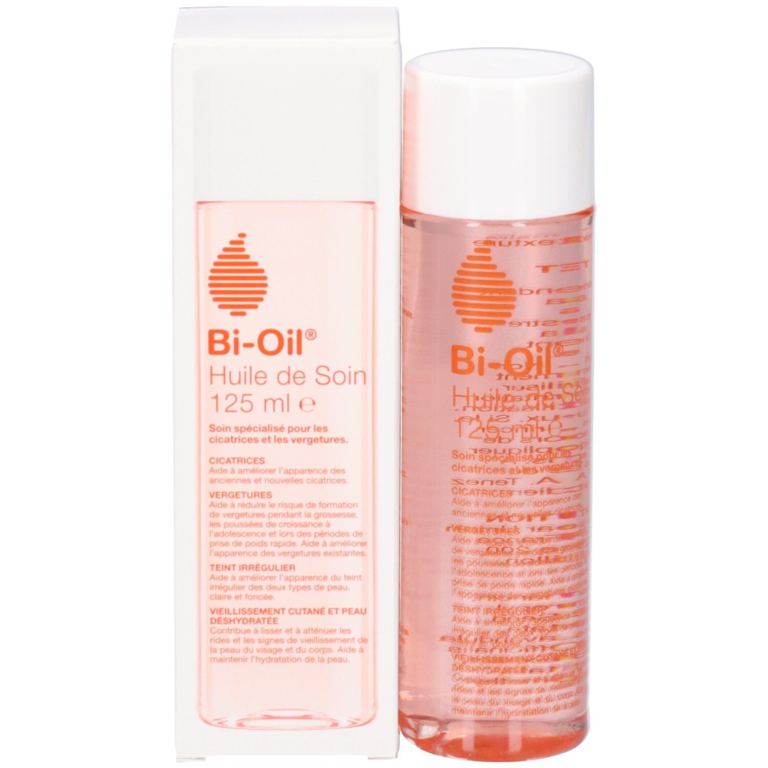 Flacon et emballage. Flacon avec bouchon blanc, liquide rose. Emballage blanc avec logo et texte du produit.
