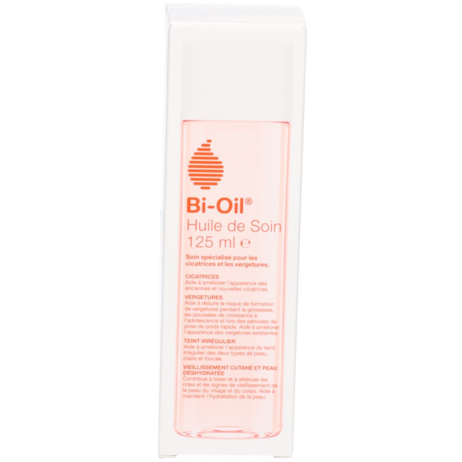 Emballage du produit. Boîte blanche avec logo et texte du produit. Flacon avec bouchon blanc et liquide rose visible.