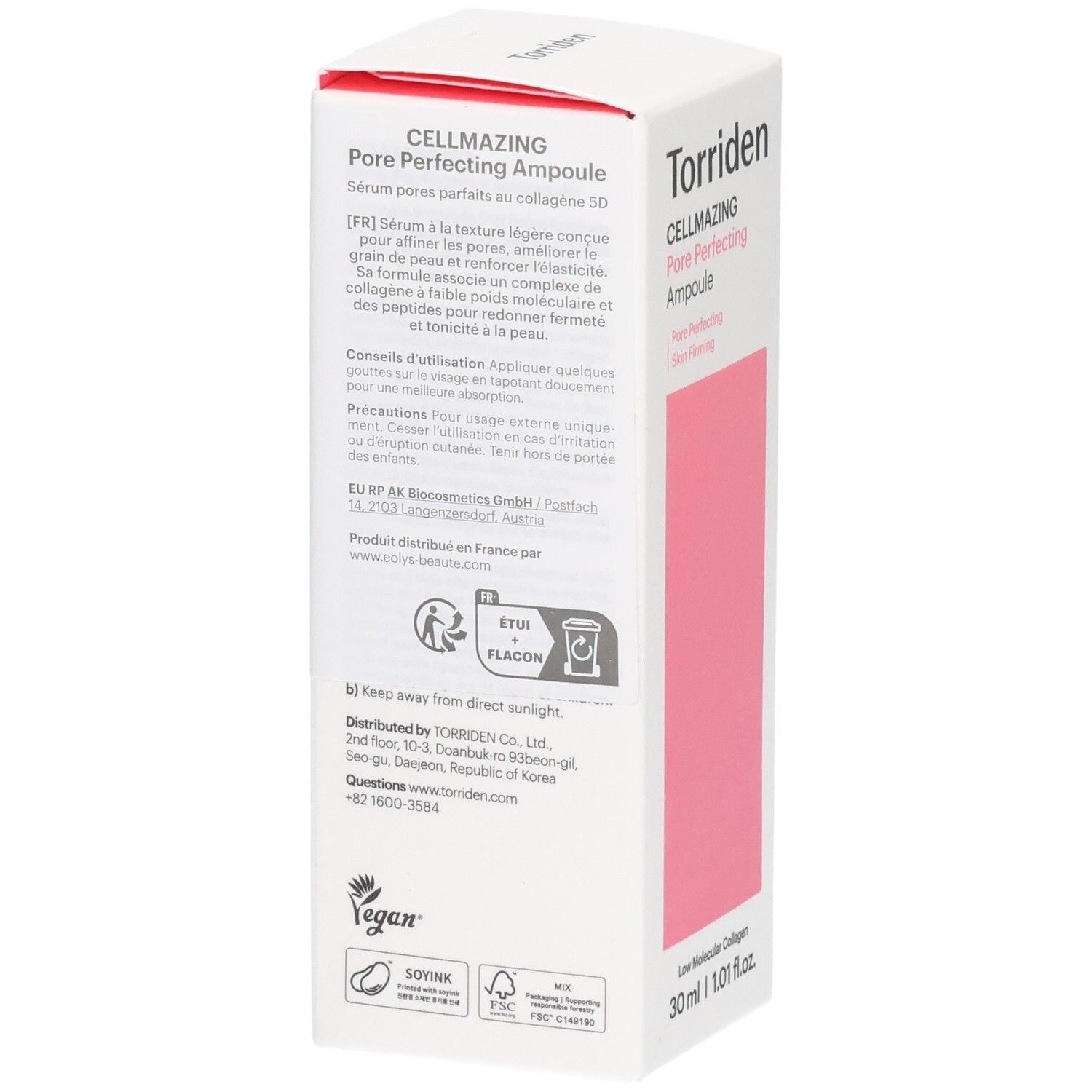 Arrière de la boîte d'ampoule Torriden Cellmazing avec instructions et ingrédients.