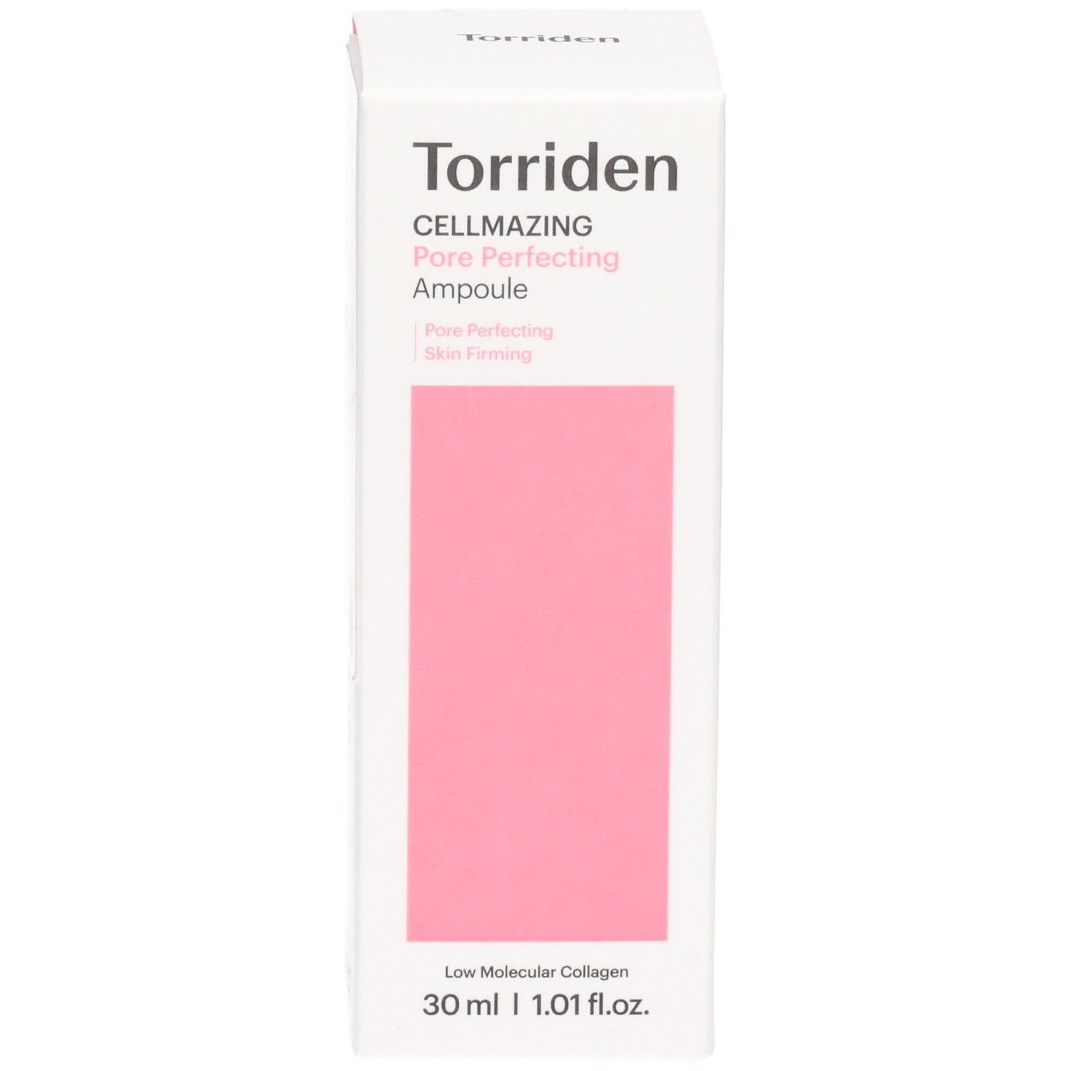 Face avant de la boîte Torriden Cellmazing Pore Perfecting Ampoule avec un rectangle rose.