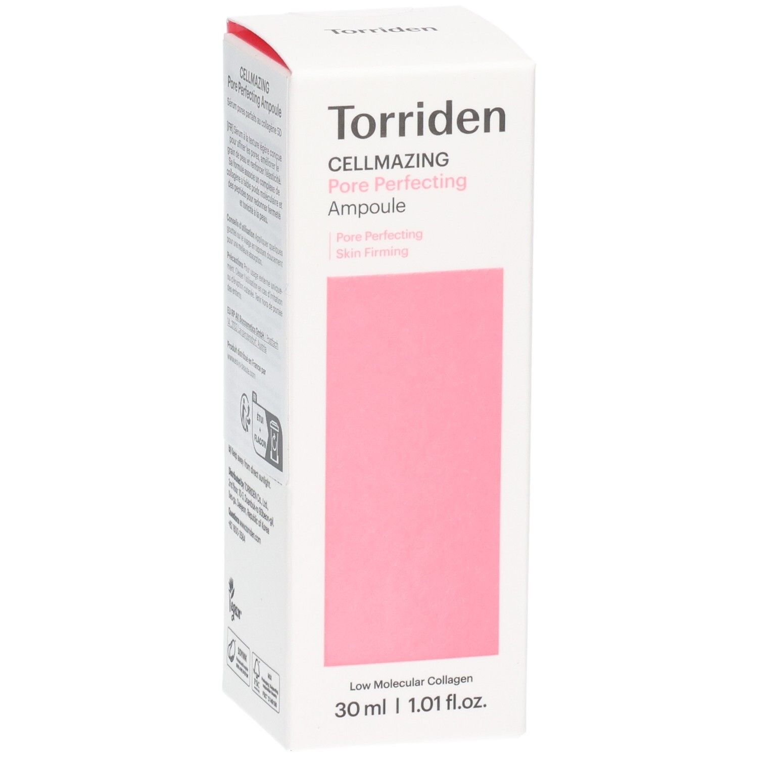 Boîte Torriden Cellmazing Pore Perfecting Ampoule, face avant avec accent rose et nom du produit.
