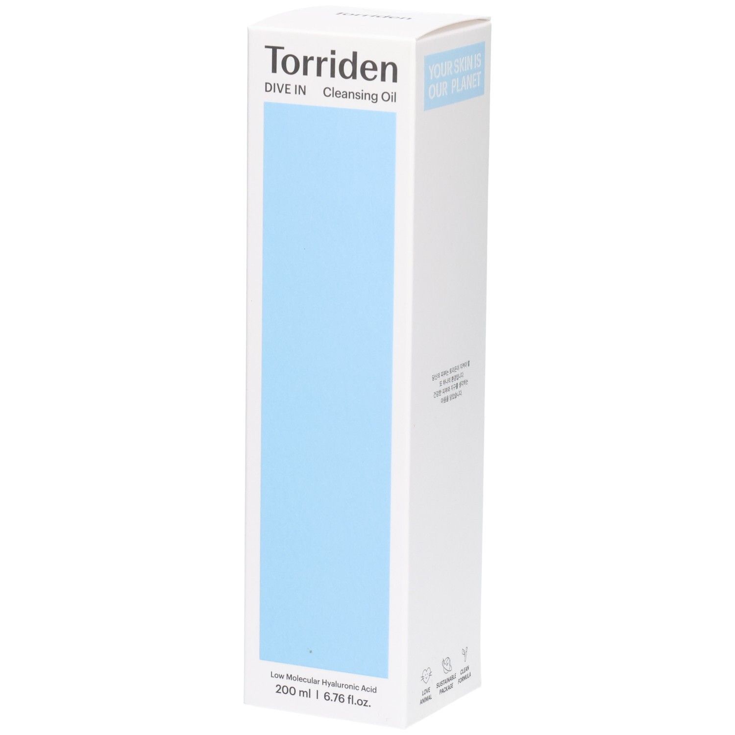 Torriden Dive In Huile Démaquillante, 200 ml. Boîte blanche avec panneau bleu clair.