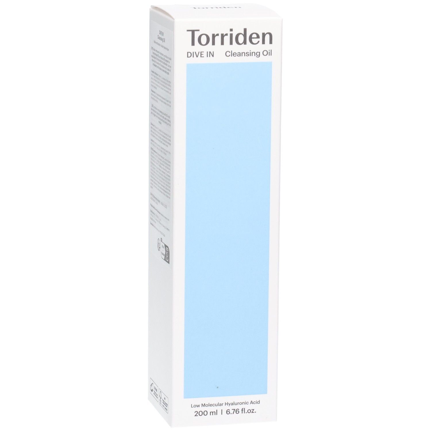Torriden Dive In Huile Démaquillante, 200 ml. Face avant de la boîte blanche avec panneau bleu clair.