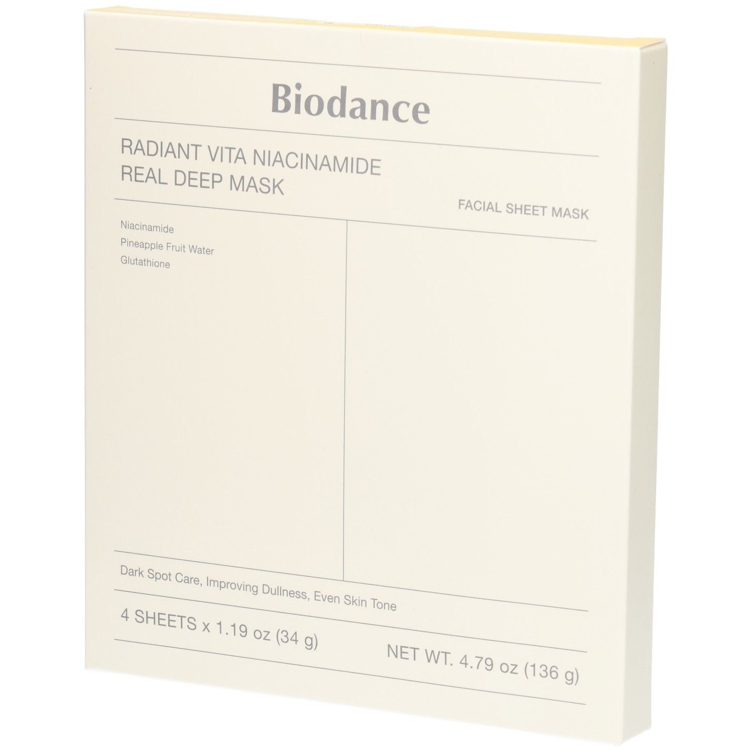 Pack de 4 masques faciaux Biodance Radiant Vita Niacinamide.