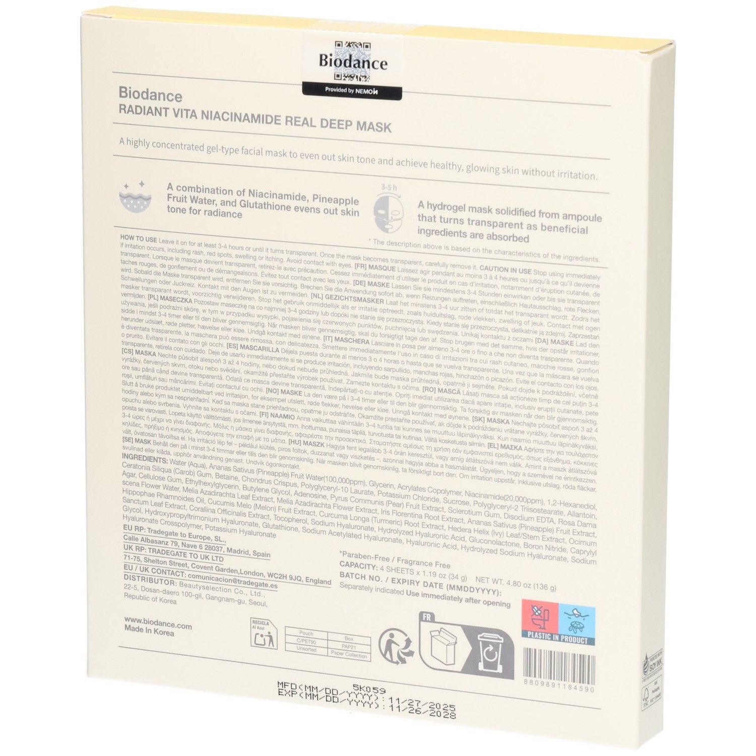 Arrière du pack de 4 masques faciaux Biodance Radiant Vita Niacinamide.
