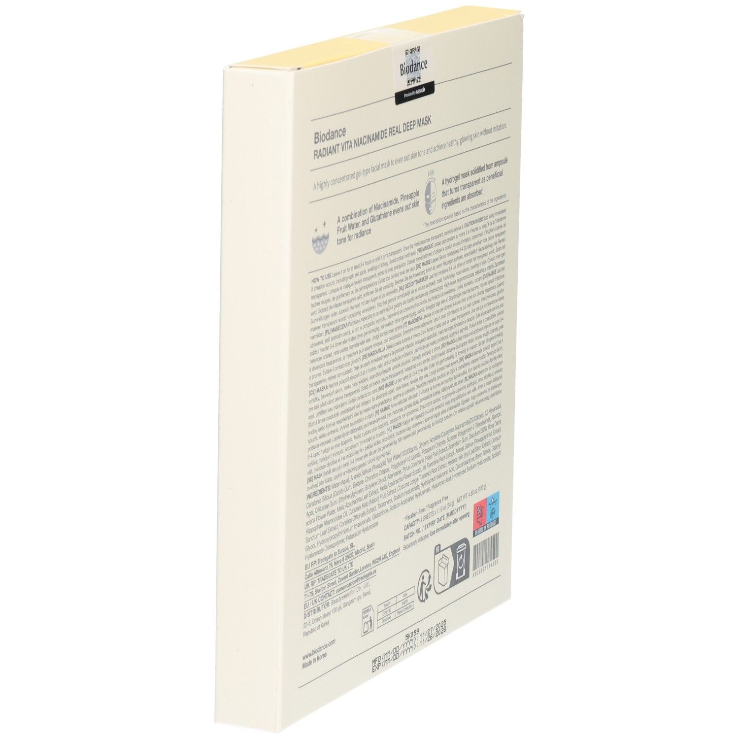 Arrière du pack de 4 masques faciaux Biodance Radiant Vita Niacinamide.