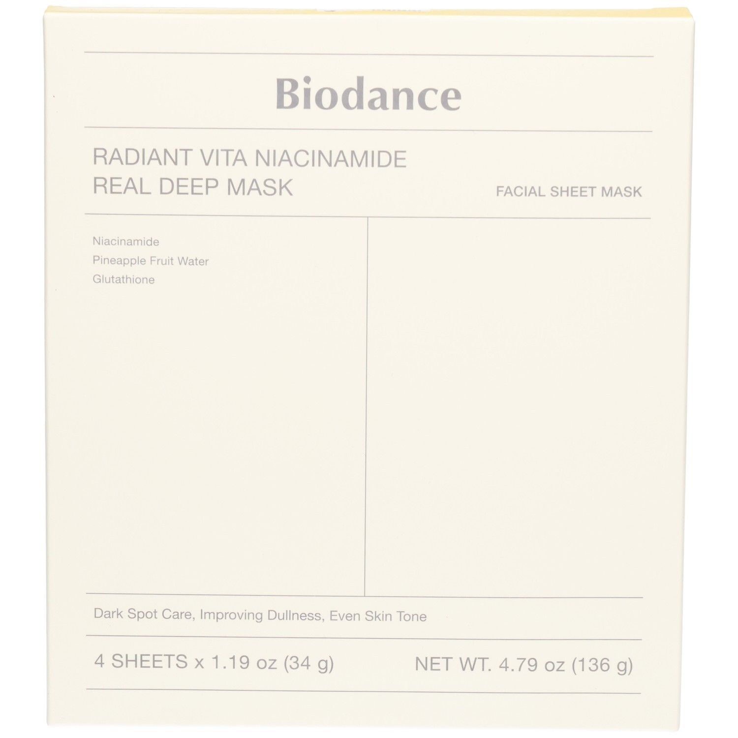 Pack de 4 masques faciaux Biodance Radiant Vita Niacinamide.