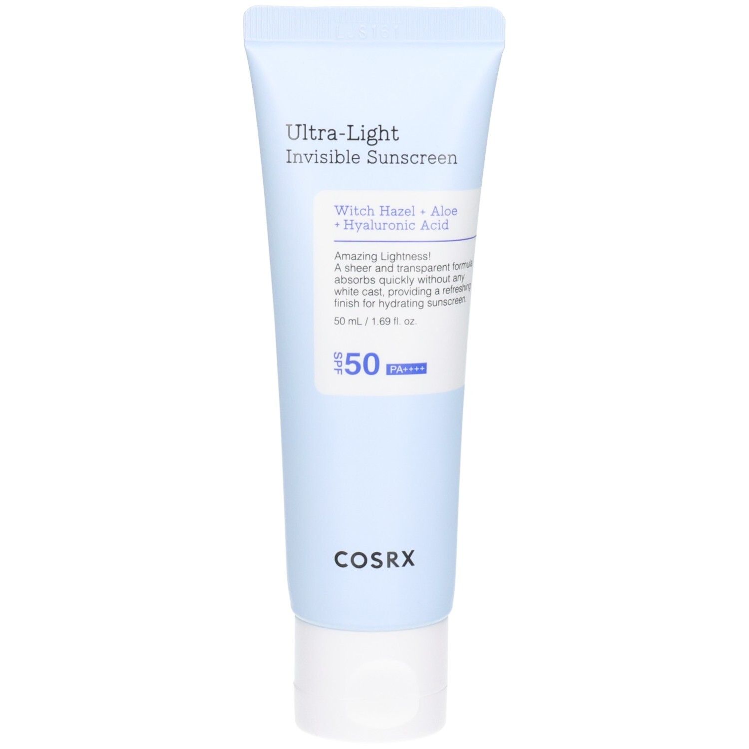 Tube COSRX Ultra Light Invisible Sunscreen avec SPF50+ et PA++++. Contient Hamamélis, Aloe et Acide Hyaluronique.