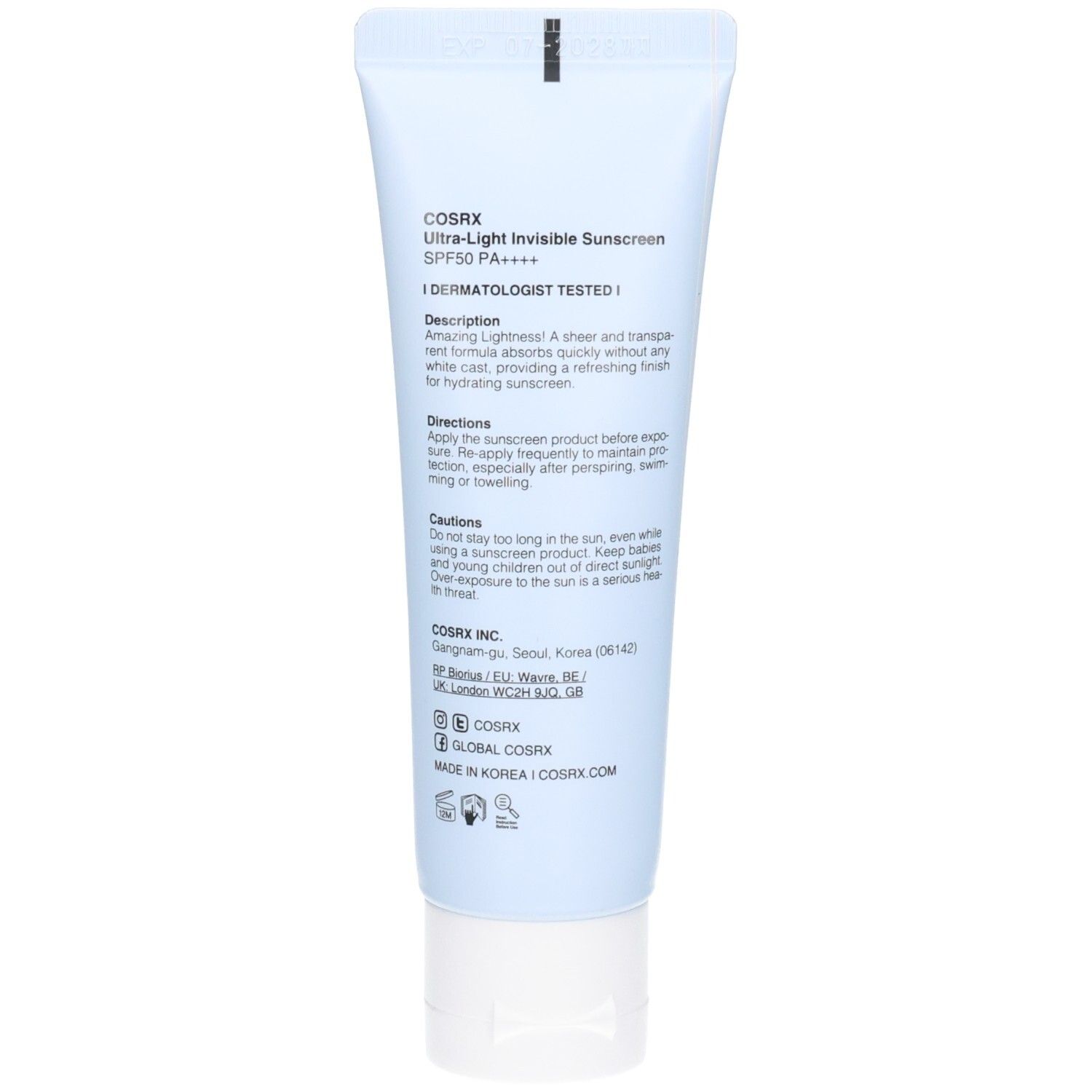 Arrière du tube COSRX Ultra Light Invisible Sunscreen avec instructions et ingrédients. SPF50+ PA++++.