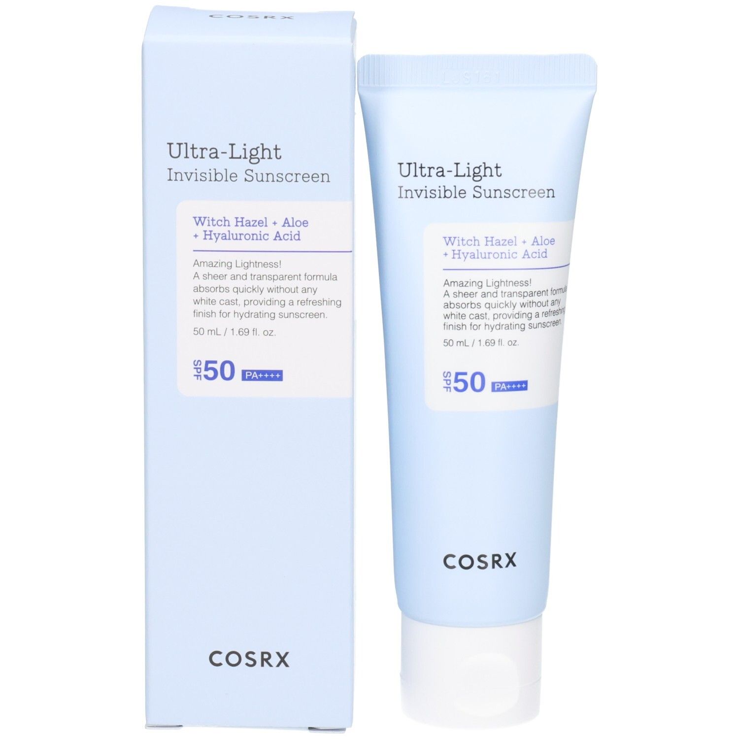 Tube et boîte COSRX Ultra Light Invisible Sunscreen. SPF50+ PA++++. Contient Hamamélis, Aloe, Acide Hyaluronique.
