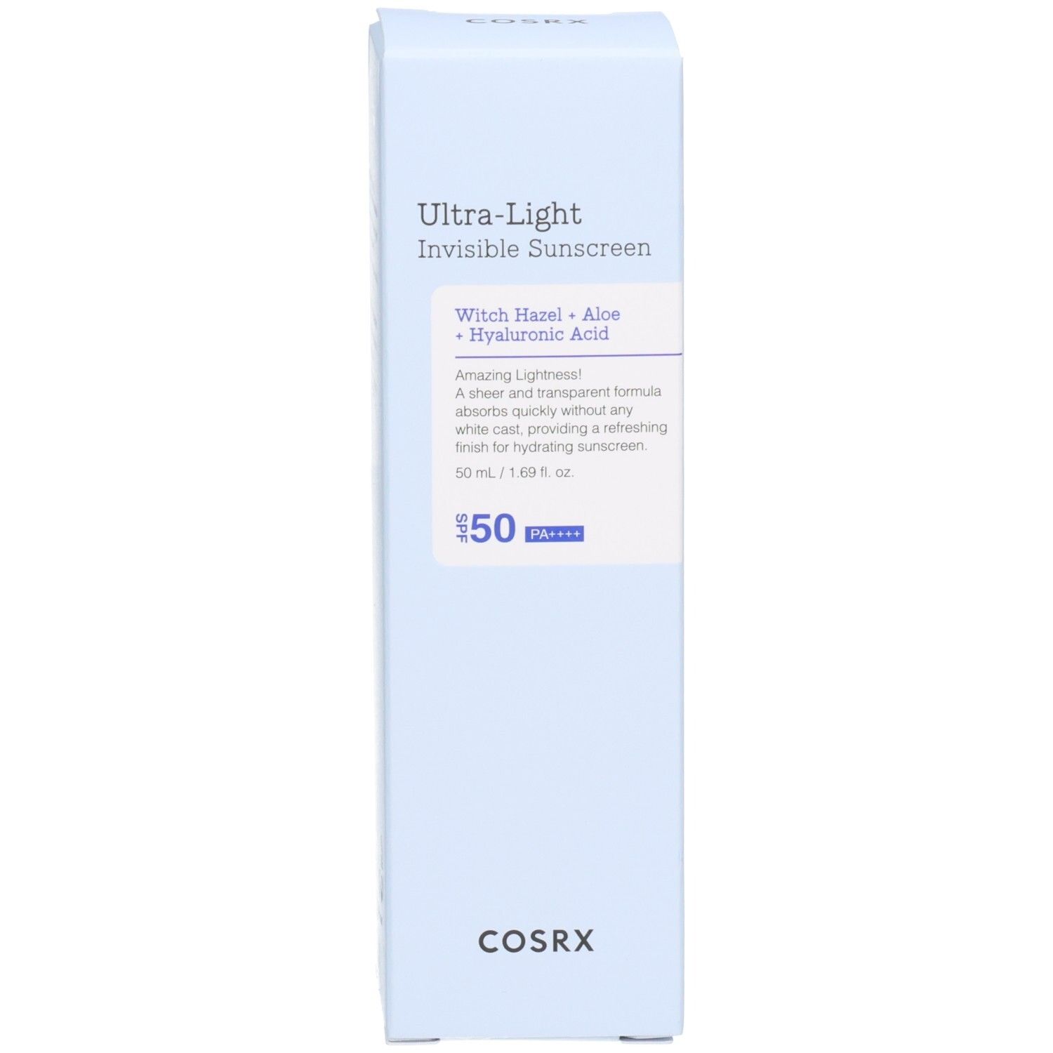 Boîte COSRX Ultra Light Invisible Sunscreen. Face avant avec nom du produit et ingrédients. SPF50+ PA++++.