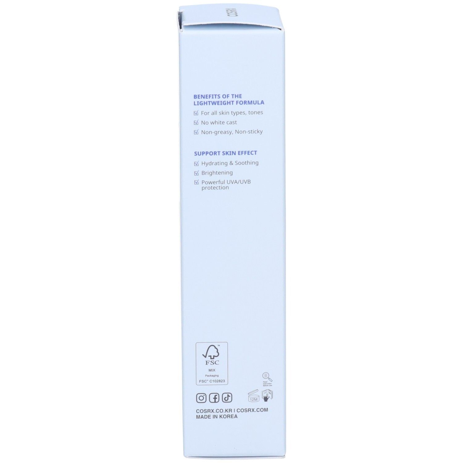 Côté de la boîte COSRX Ultra Light Invisible Sunscreen avec bénéfices et effets sur la peau. SPF50+ PA++++.