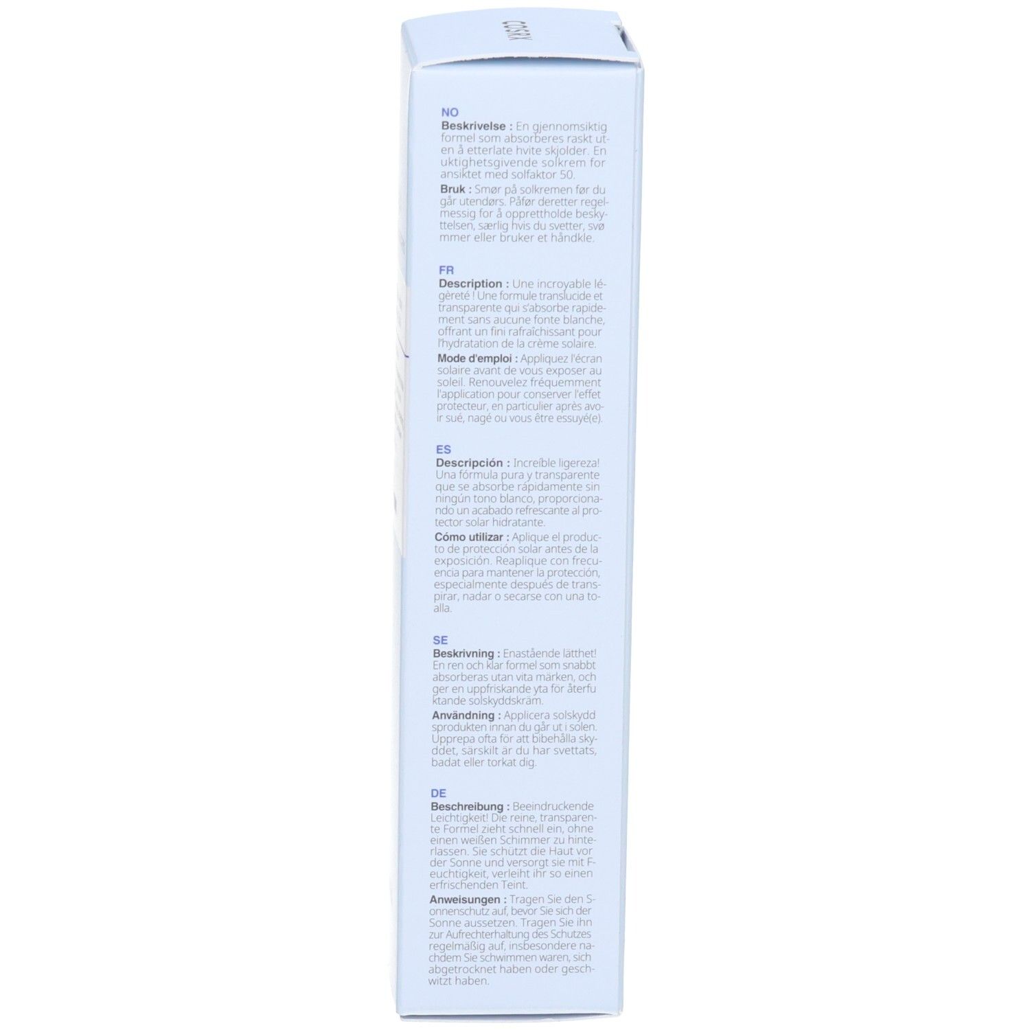 Côté de la boîte COSRX Ultra Light Invisible Sunscreen avec descriptions multilingues et instructions d'application.