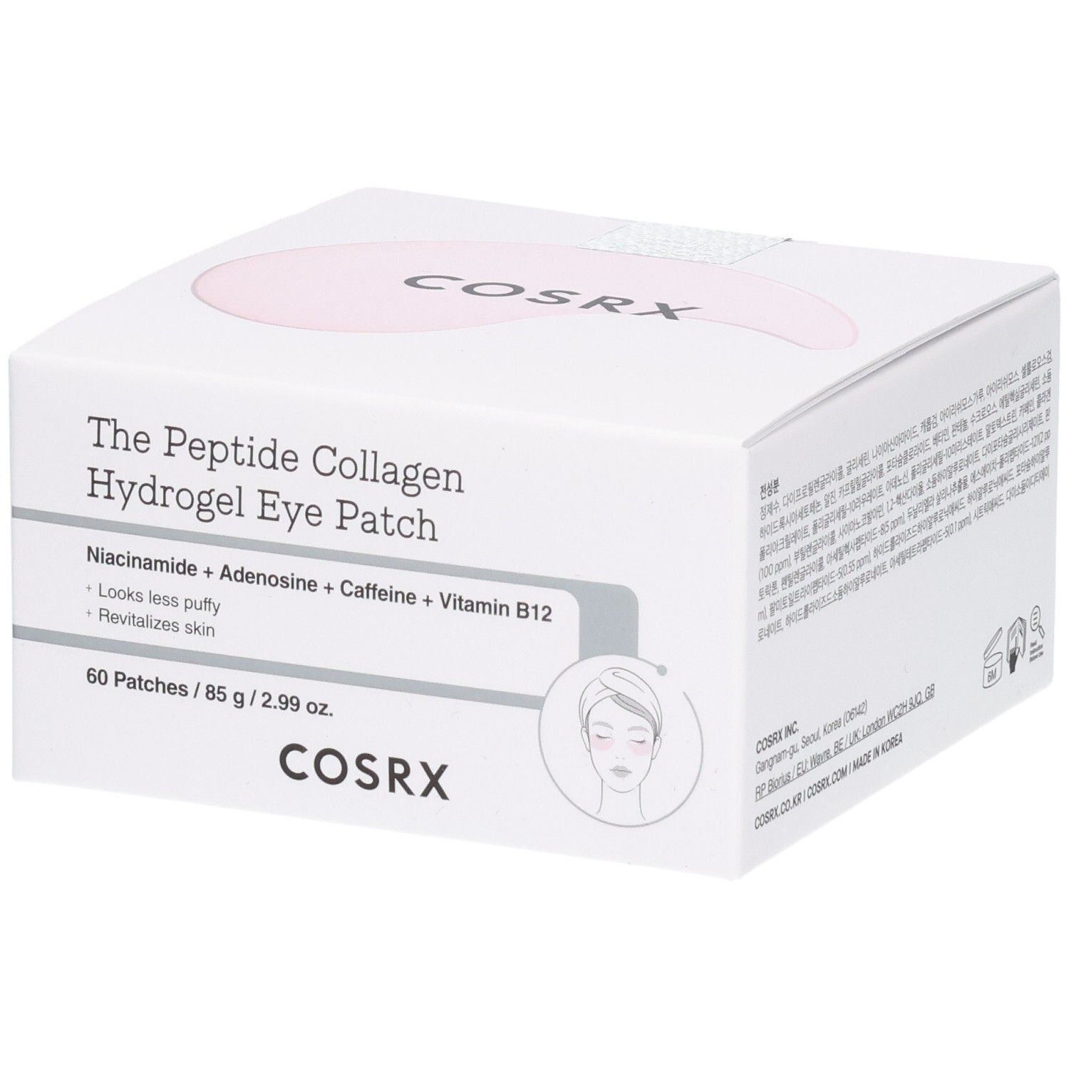 COSRX Eye Patches: Boîte en carton avec informations produit et illustration d'une femme.