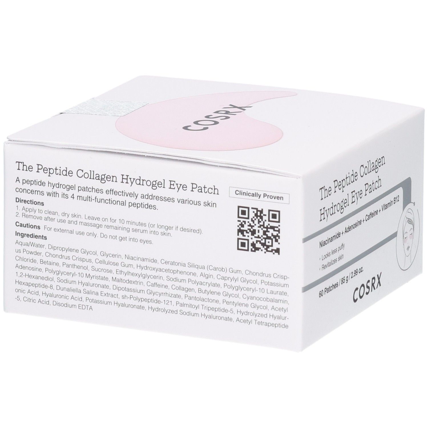 COSRX Eye Patches: Boîte avec ingrédients, instructions d'utilisation et code QR.